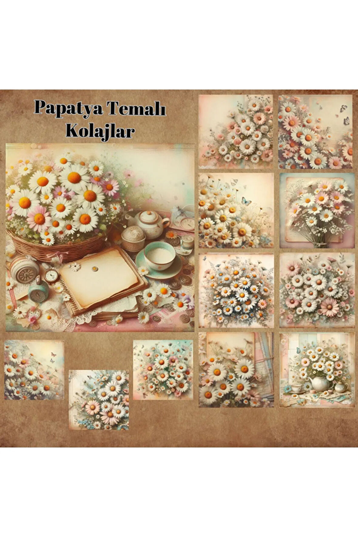 Papatya Temalı Kolaj Vintage 12 Adet Scrapbook Bullet Journal Mat Planlayıcı Sticker Etiket Seti