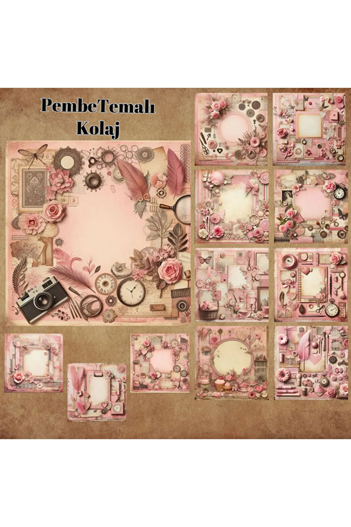 Pembe Temalı Kolaj Vintage 12 Adet Scrapbook Bullet Journal Mat Planlayıcı Sticker Etiket Seti