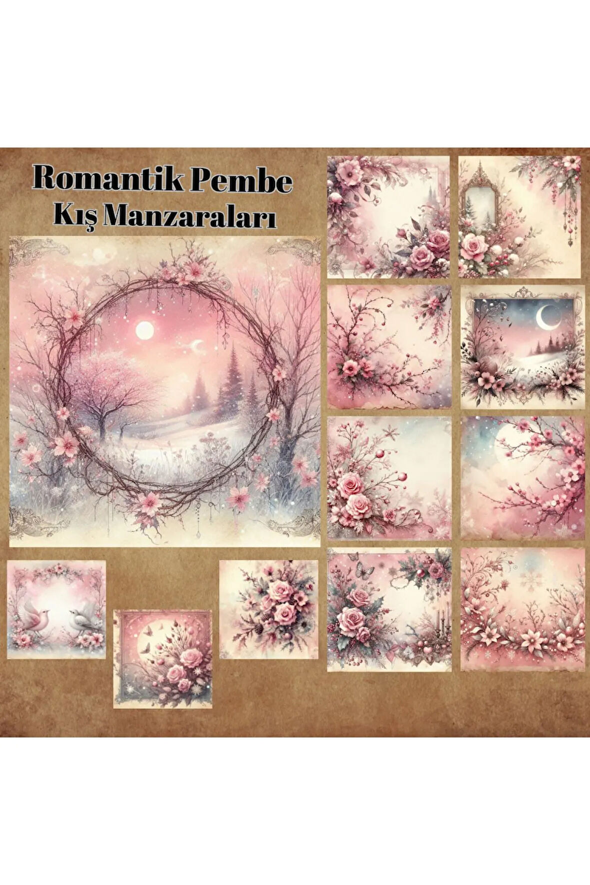 Pembe Kış Manzaraları Vintage 12 Adet Scrapbook Bullet Journal Mat Planlayıcı Sticker Etiket Seti
