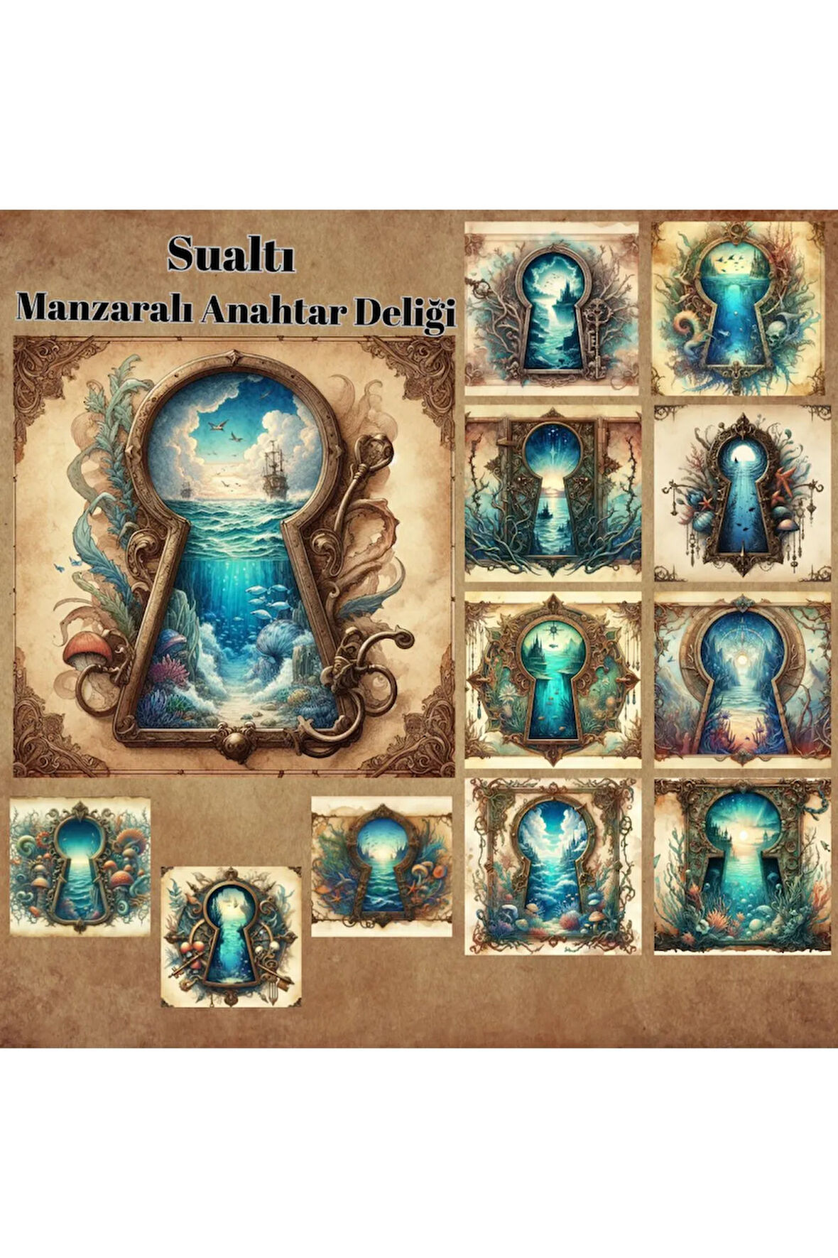 Anahtar Deliğinden Su Altı Manzaraları Vintage 12 Adet Scrapbook Bullet Journal Mat Planer Sticker