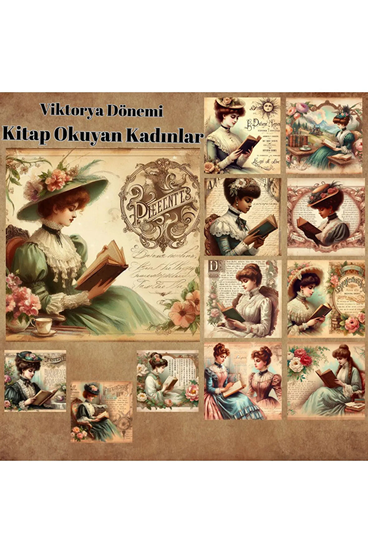 Victoria Dönemi Kitap Okuyan Kadınlar Vintage 12 Adet Scrapbook Bullet Journal Mat Plan Stickeri