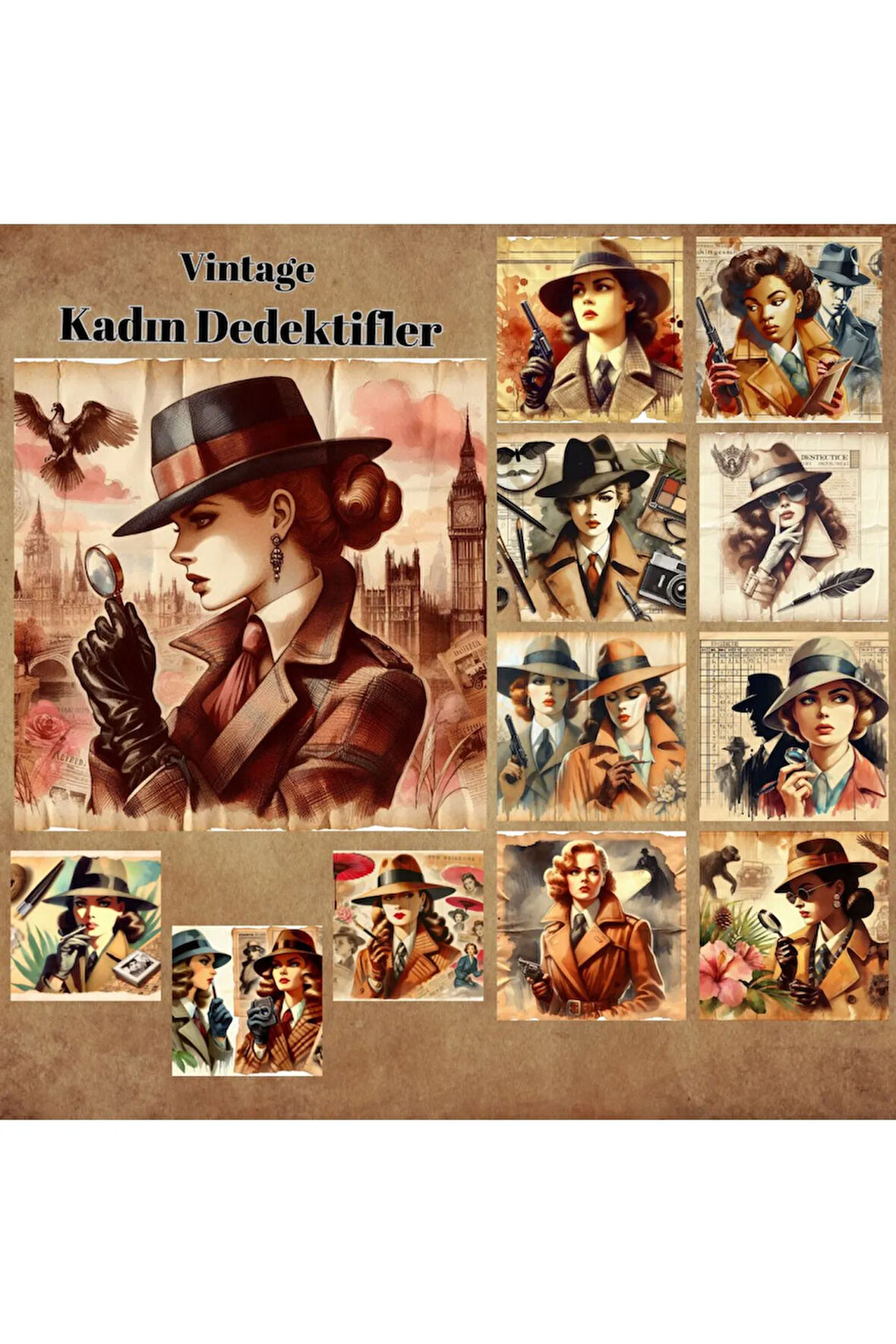 Kadın Dedektifler Vintage 12 Adet Scrapbook Bullet Journal Mat Planlayıcı Sticker Etiket Seti