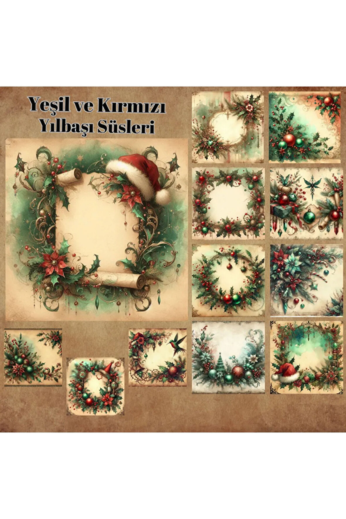 Yeşil Kırmızı Yılbaşı Süsleri Vintage 12 Adet Scrapbook Bullet Journal Mat Planlayıcı Sticker