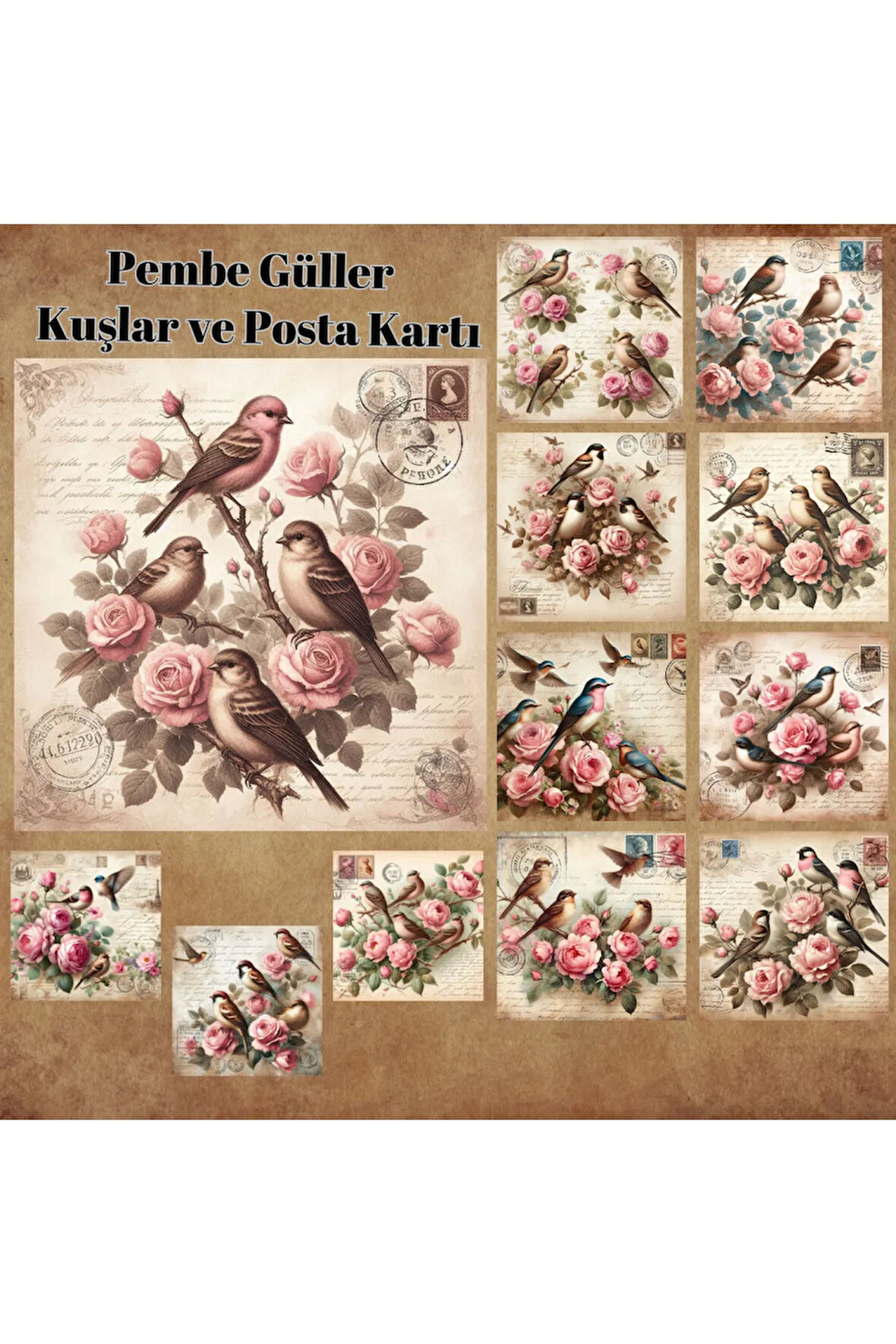 Posta Kartında Güller ve Kuşlar Vintage 12 Adet Scrapbook Bullet Journal Mat Planlayıcı Sticker