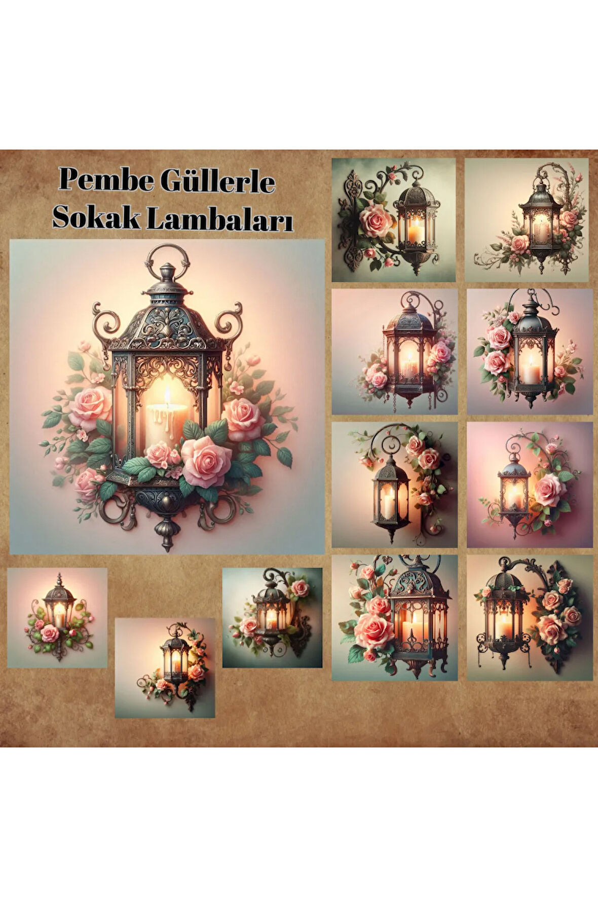 Pembe Güller ve Sokak Lambaları Vintage 12 Adet Scrapbook Bullet Journal Mat Planlayıcı Sticker
