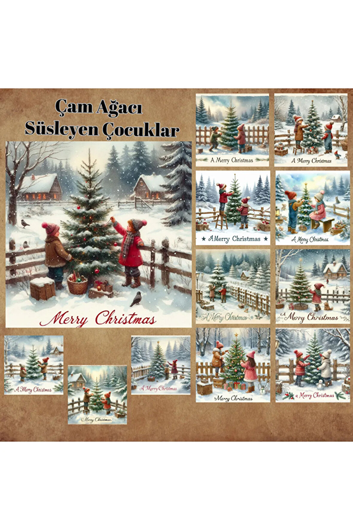 Yılbaşı Ağaç Süsleyen Çocuklar Vintage 12 Adet Scrapbook Bullet Journal Mat Planlayıcı Sticker Etike
