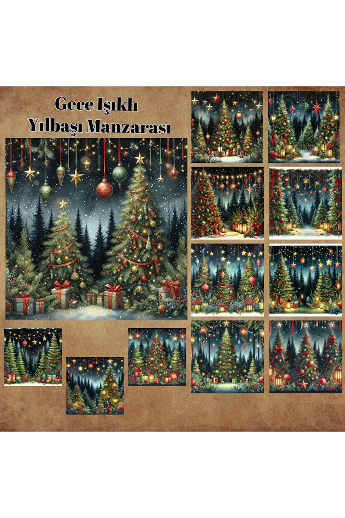 Işıklı Yılbaşı Gece Manzarası Vintage 12 Adet Scrapbook Bullet Journal Mat Planlayıcı Sticker Etiket