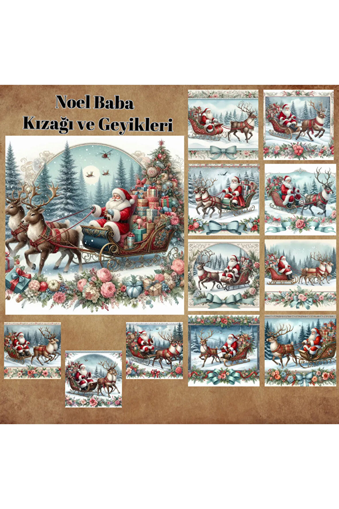 Noel Baba Kızağı ve Geyikler Vintage 12 Adet Scrapbook Bullet Journal Mat Planlayıcı Sticker Etiket