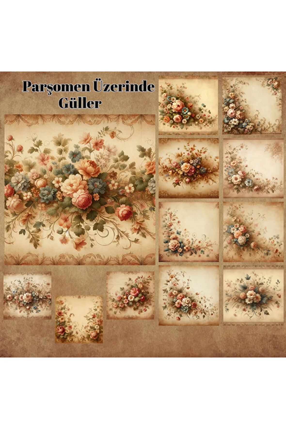 Parşomen Üzerinde Güller Vintage 12 Adet Scrapbook Bullet Journal Mat Planlayıcı Sticker Etiket Seti
