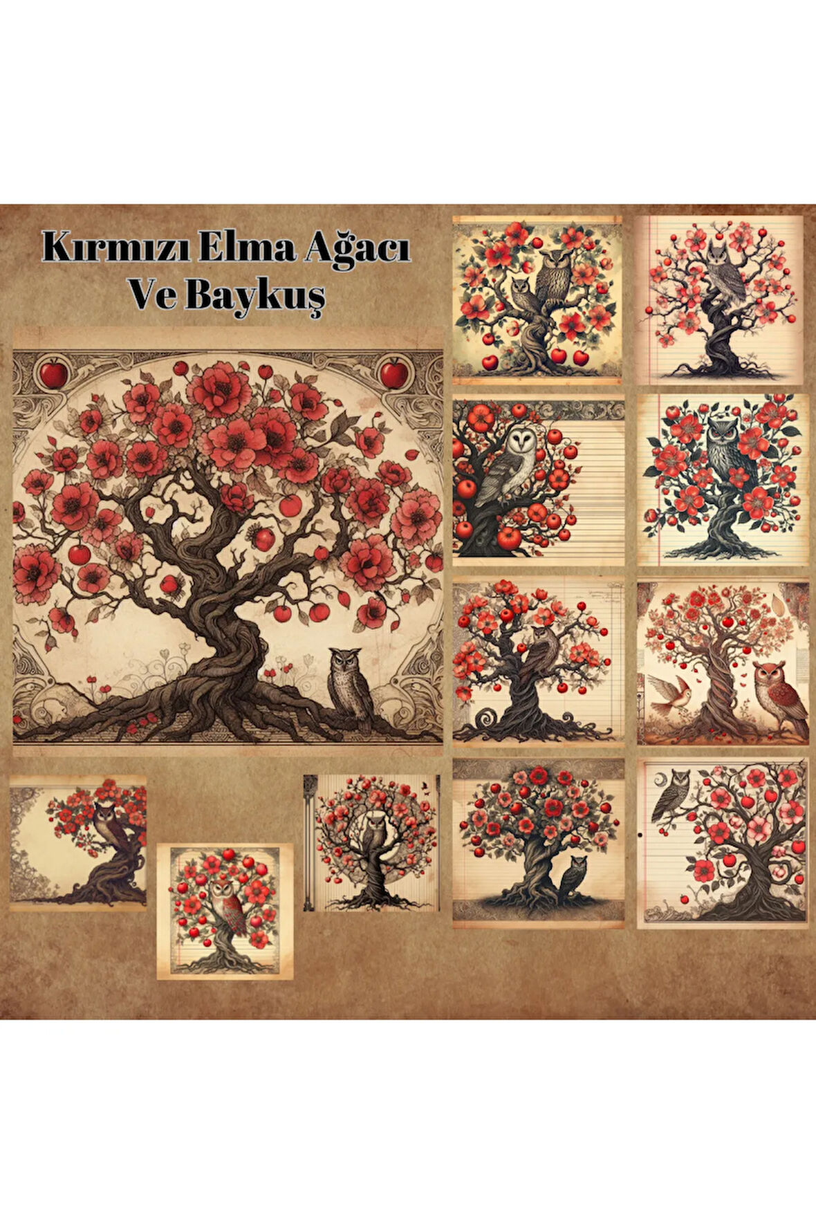 Elma Ağacı ve Baykuşlar Vintage 12 Adet Scrapbook Bullet Journal Mat Planlayıcı Sticker Etiket Seti