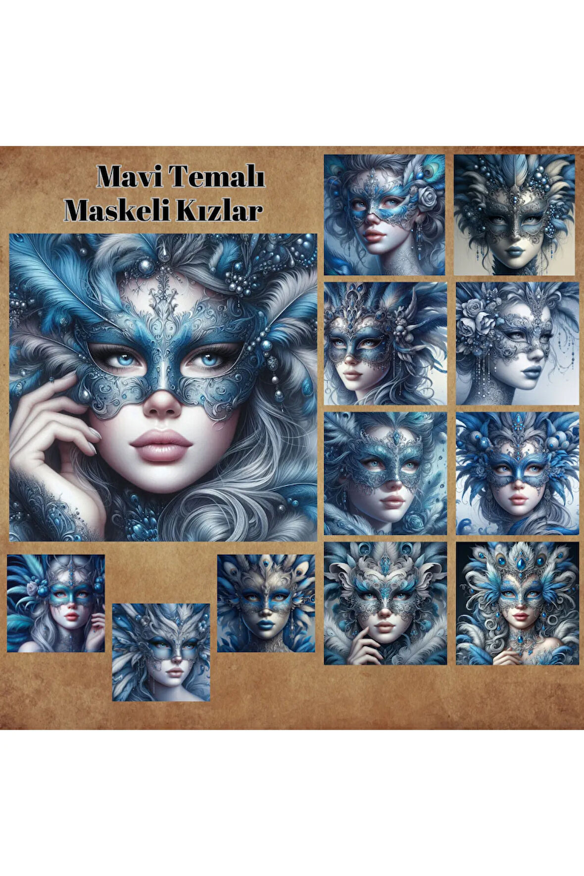 Mavi Temalı Maskeli Kızlar Vintage 12 Adet Scrapbook Bullet Journal Mat Planlayıcı Sticker Etiket