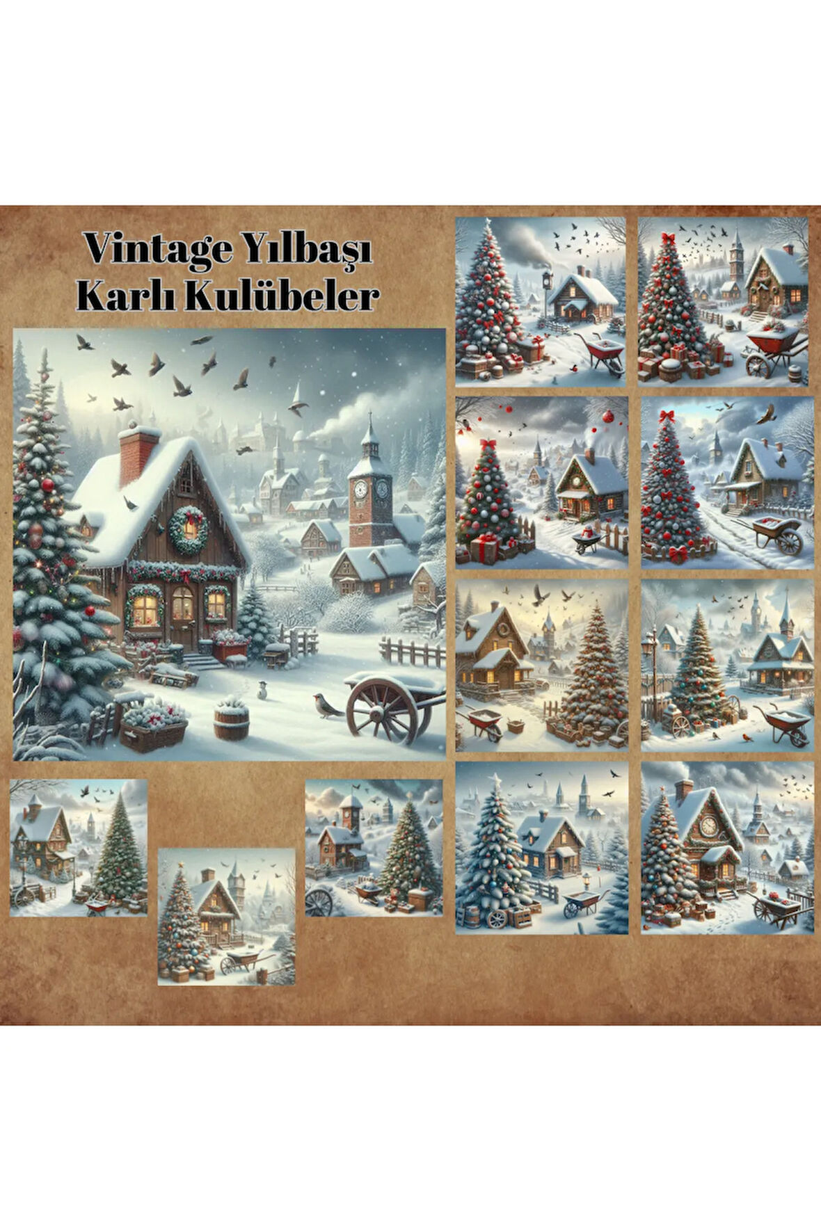 Yılbaşı Karlı Kulübeler Vintage 12 Adet Scrapbook Bullet Journal Mat Planlayıcı Sticker Etiket Seti