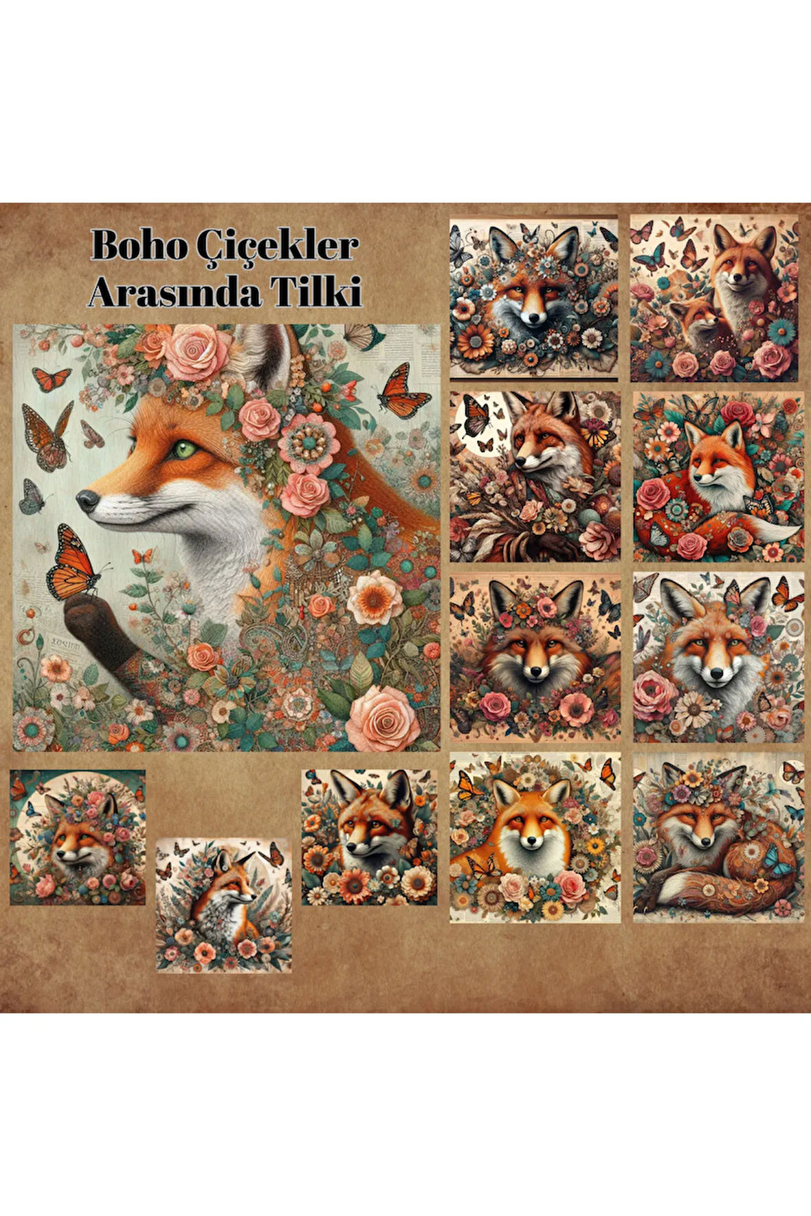 Boho Çiçekler Arasında Tilki Vintage 12 Adet Scrapbook Bullet Journal Mat Planlayıcı Sticker Etiket