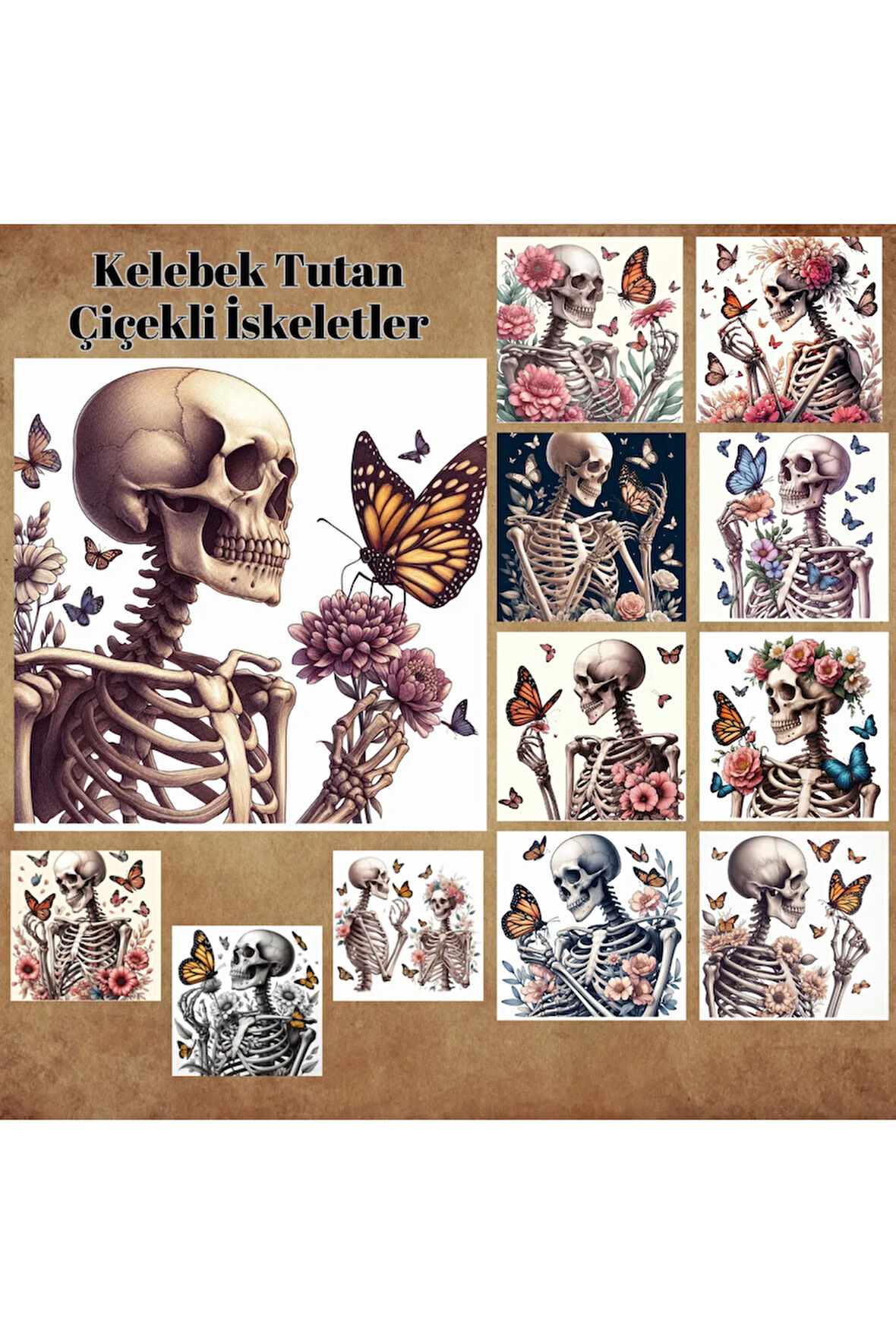 Çiçekli Kelebek Tutan İskeletler 12 Adet Scrapbook Bullet Journal Mat Planlayıcı Sticker Etiket Seti