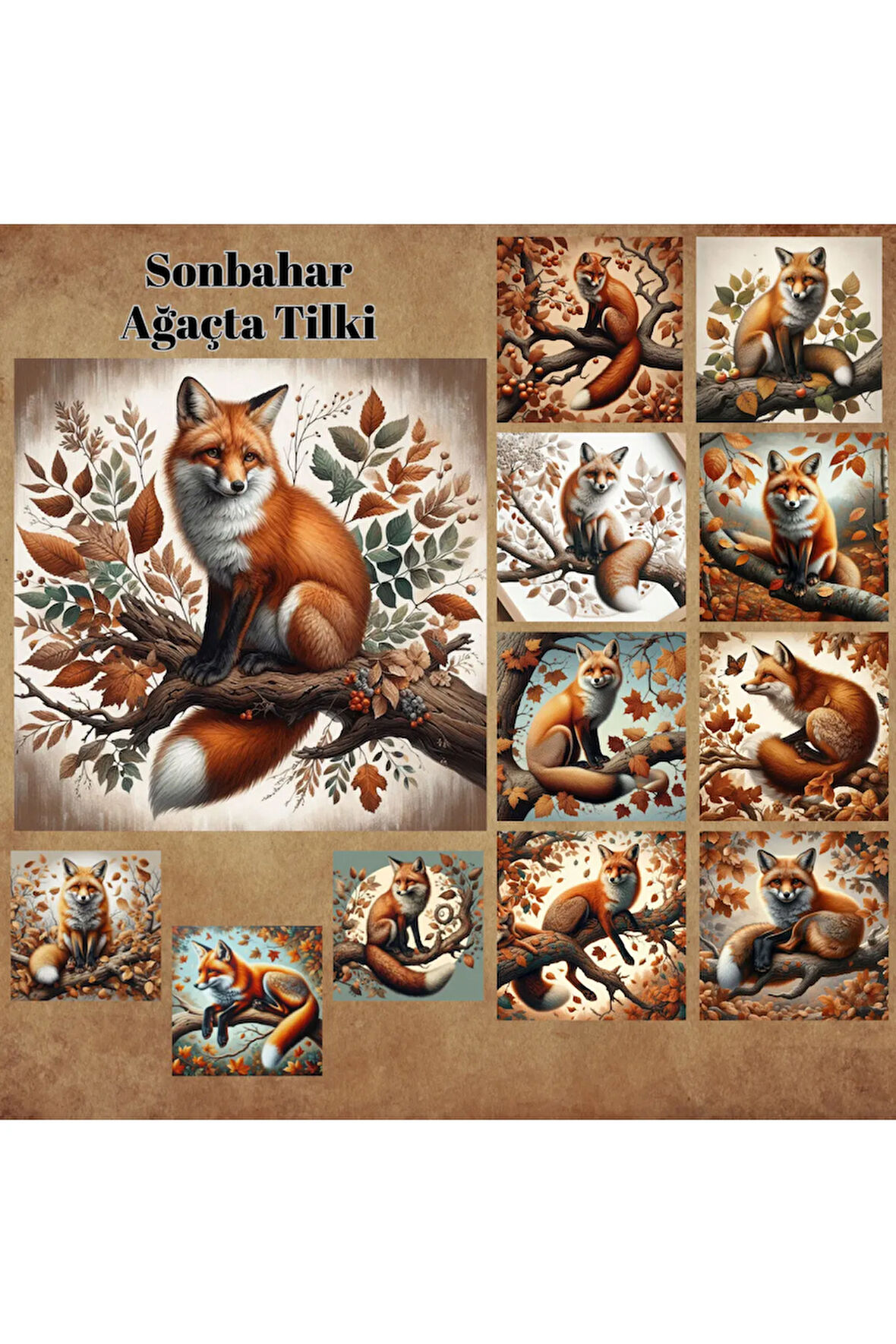 Sonbahar Ağaçta Tilki Vintage 12 Adet Scrapbook Bullet Journal Mat Planlayıcı Sticker Etiket Seti