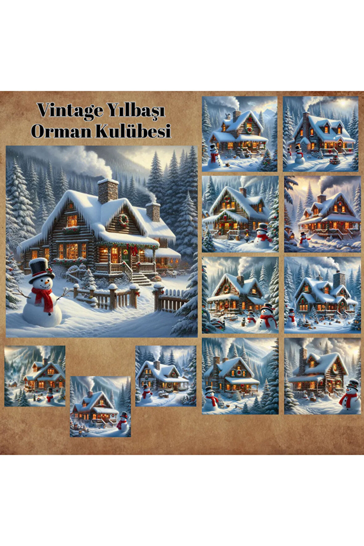 Yılbaşı Orman Kulübeleri Vintage 12 Adet Scrapbook Bullet Journal Mat Planlayıcı Sticker Etiket Seti