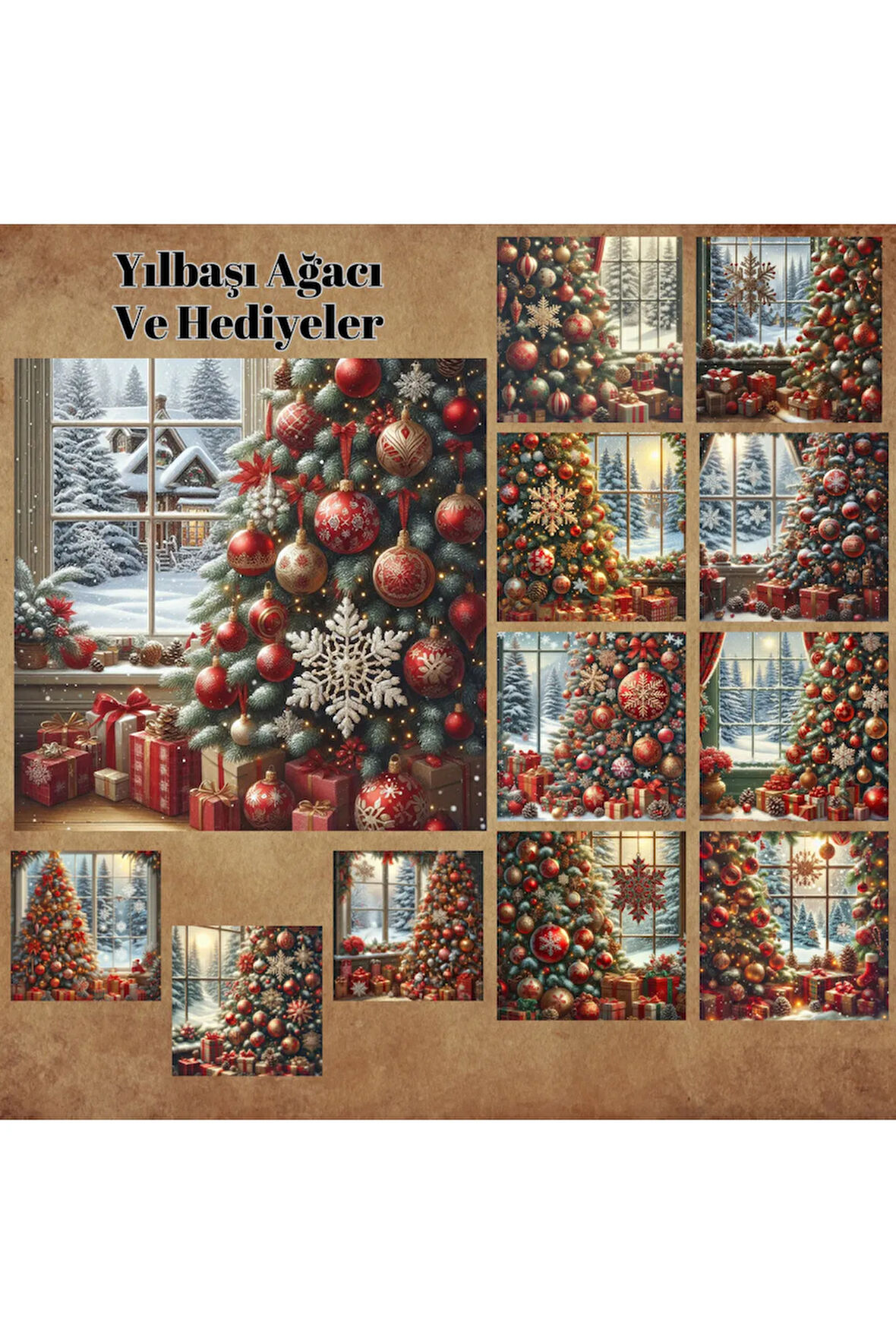 Yılbaşı Ağacı ve Hediyeler Vintage 12 Adet Scrapbook Bullet Journal Mat Planlayıcı Sticker Etiket
