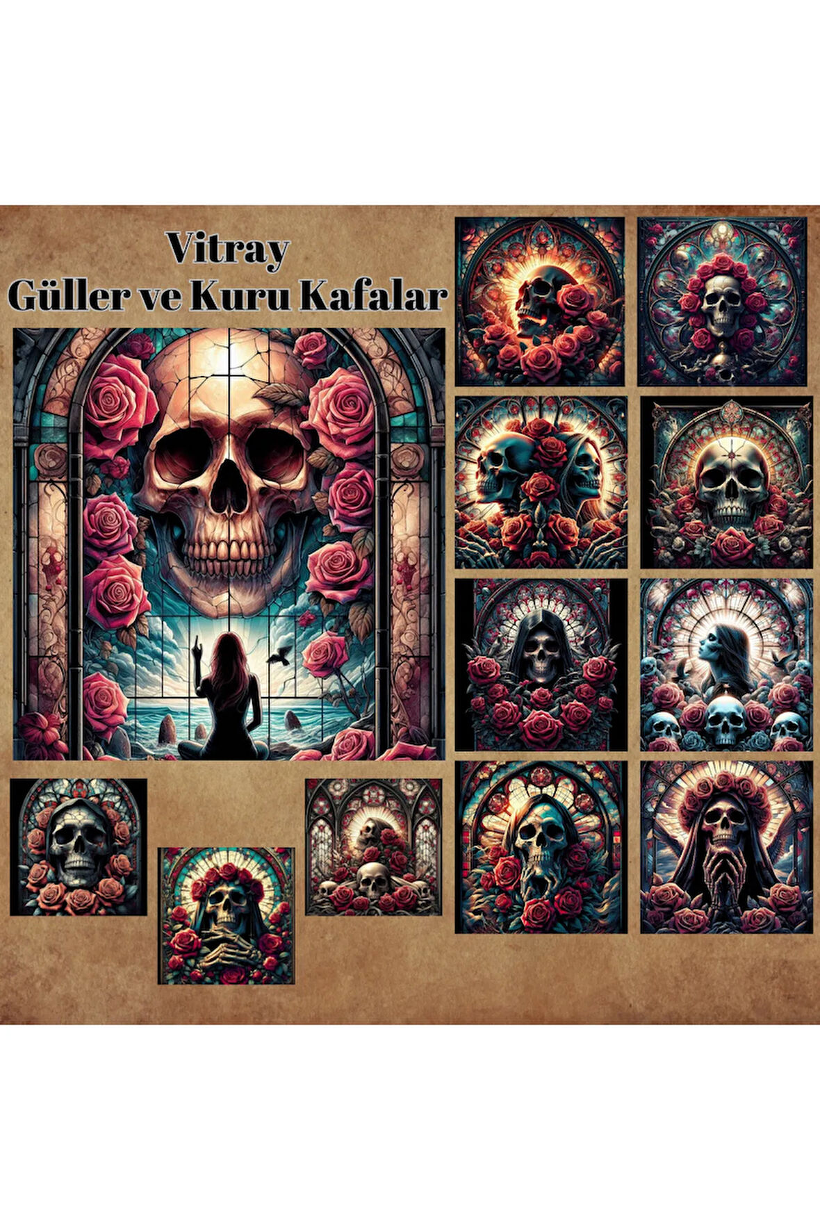 Vitray Güller ve Kurukafalar Vintage 12 Adet Scrapbook Bullet Journal Mat Planlayıcı Sticker Etiket