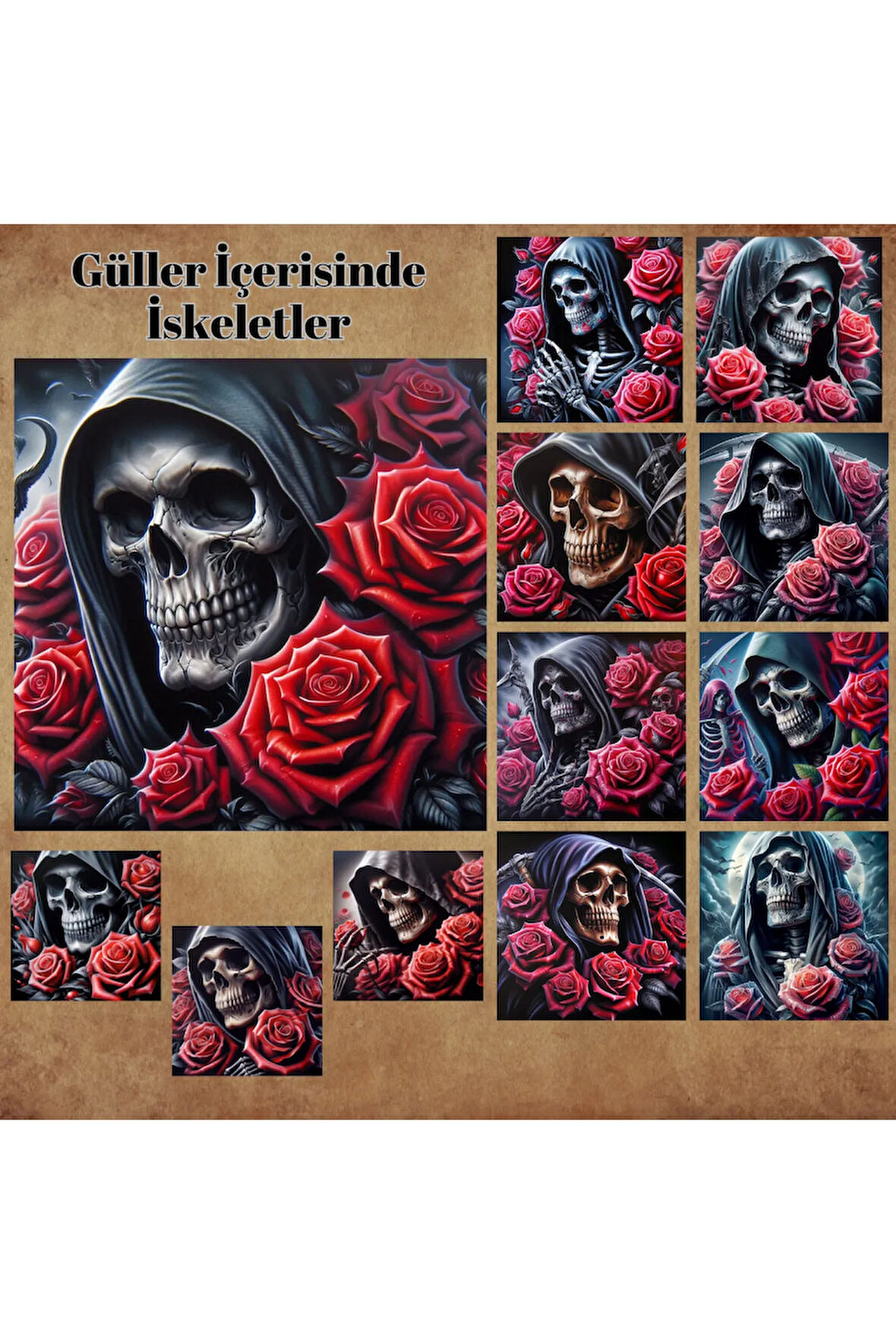 Güller İçerisinde İskeletler Vintage 12 Adet Scrapbook Bullet Journal Mat Planlayıcı Sticker Etiket