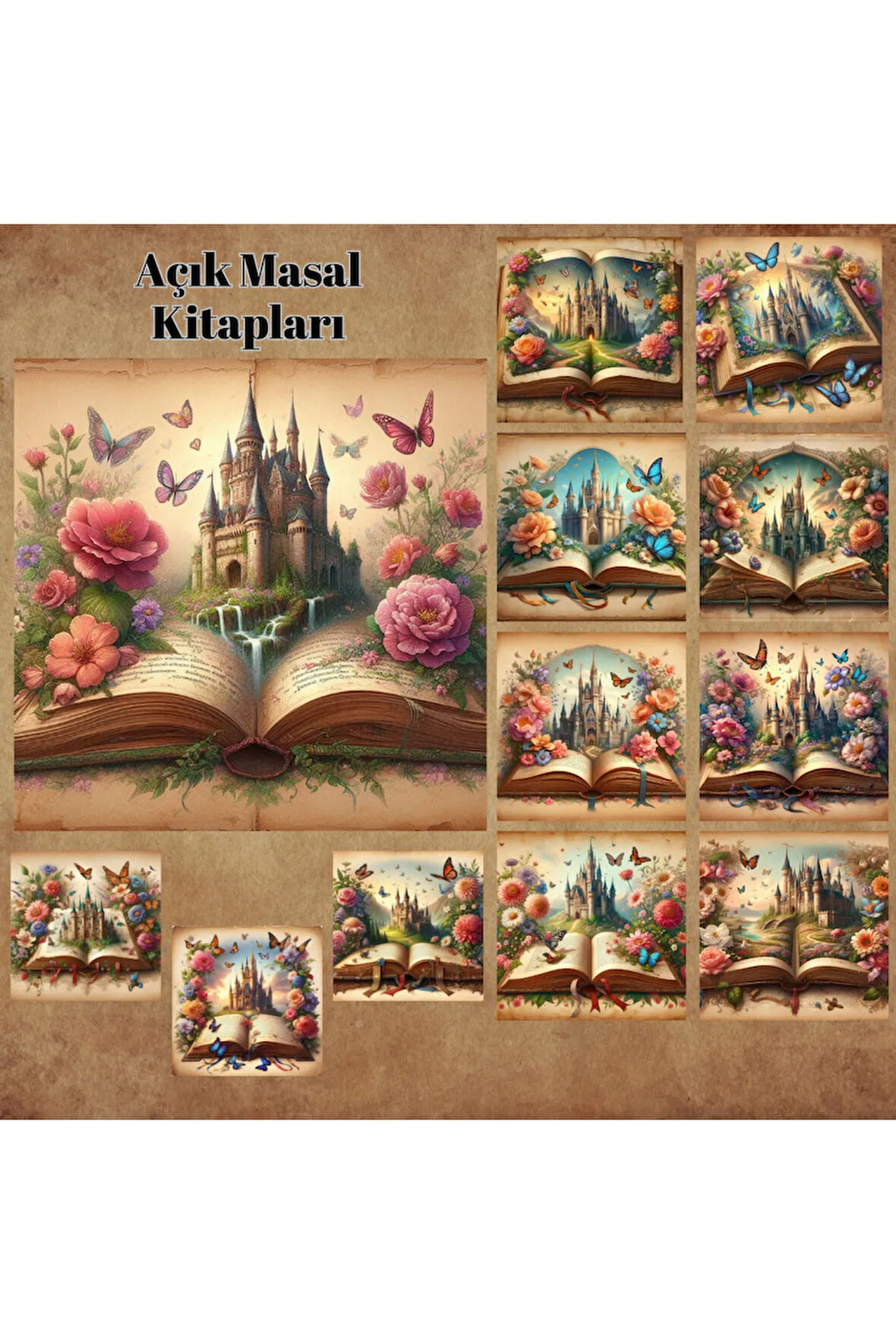 Açık Masal Kitapları Vintage 12 Adet Scrapbook Bullet Journal Mat Planlayıcı Sticker Etiket Seti