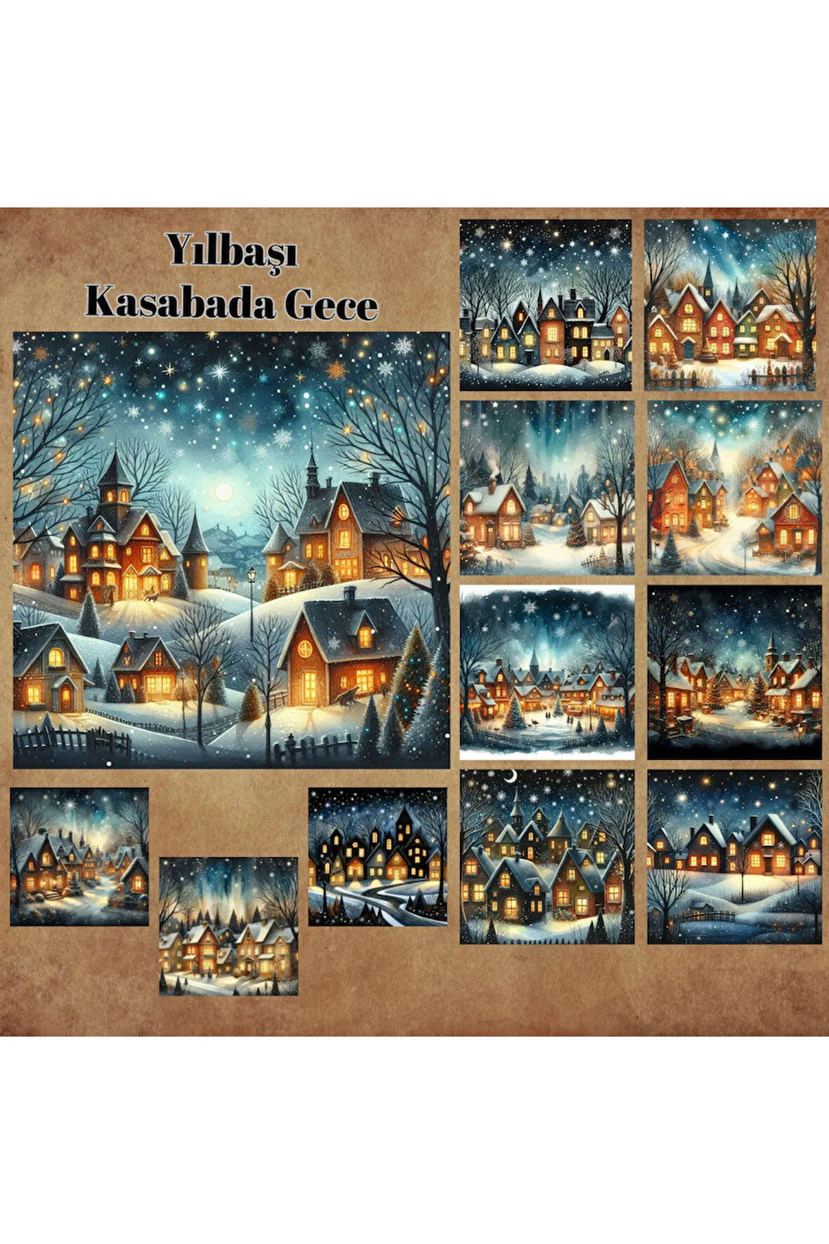 Kasabada Yılbaşı Gecesi Vintage 12 Adet Scrapbook Bullet Journal Mat Planlayıcı Sticker Etiket Seti