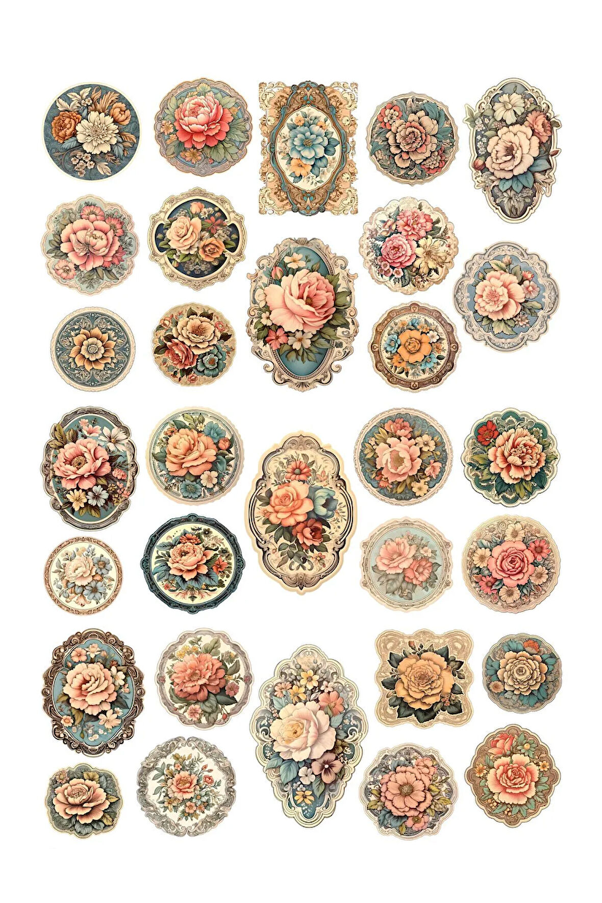 Vintage Çiçekli Dekupaj Etiket Seti, Scrapbook, Bullet Journal, Planlayıcı Sticker Seti