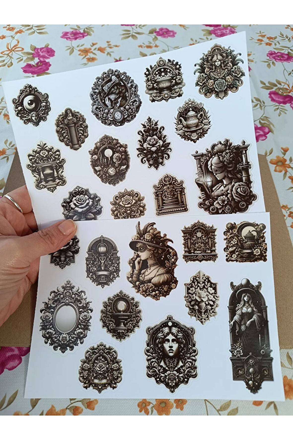 Vintage Scrapbook Viktoria Dönemi Gri Renklerde Etiket Seti, Bullet Journal, Planlayıcı Sticker Seti