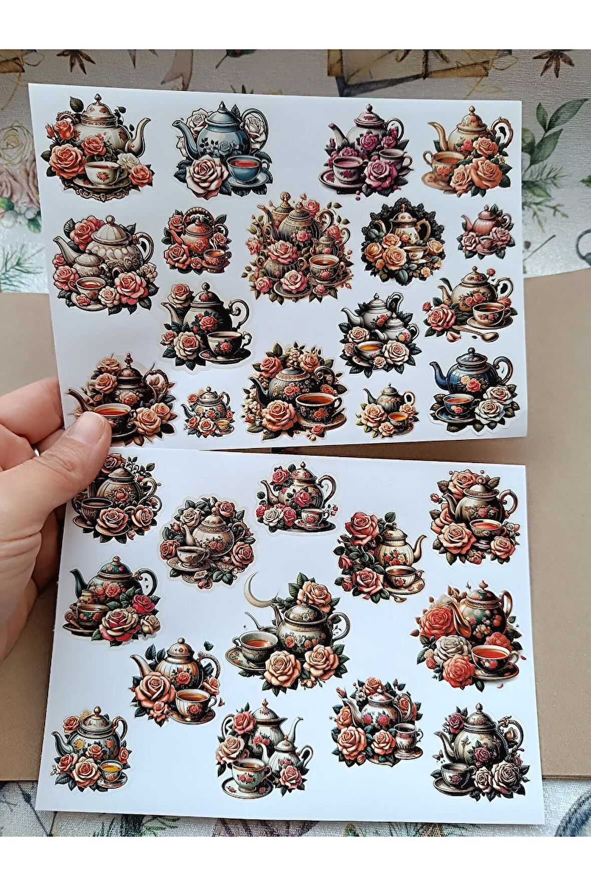 Vintage Scrapbook Çiçekli Seramik Çay Setleri Etiket Seti, Bullet Journal, Planlayıcı Sticker Seti