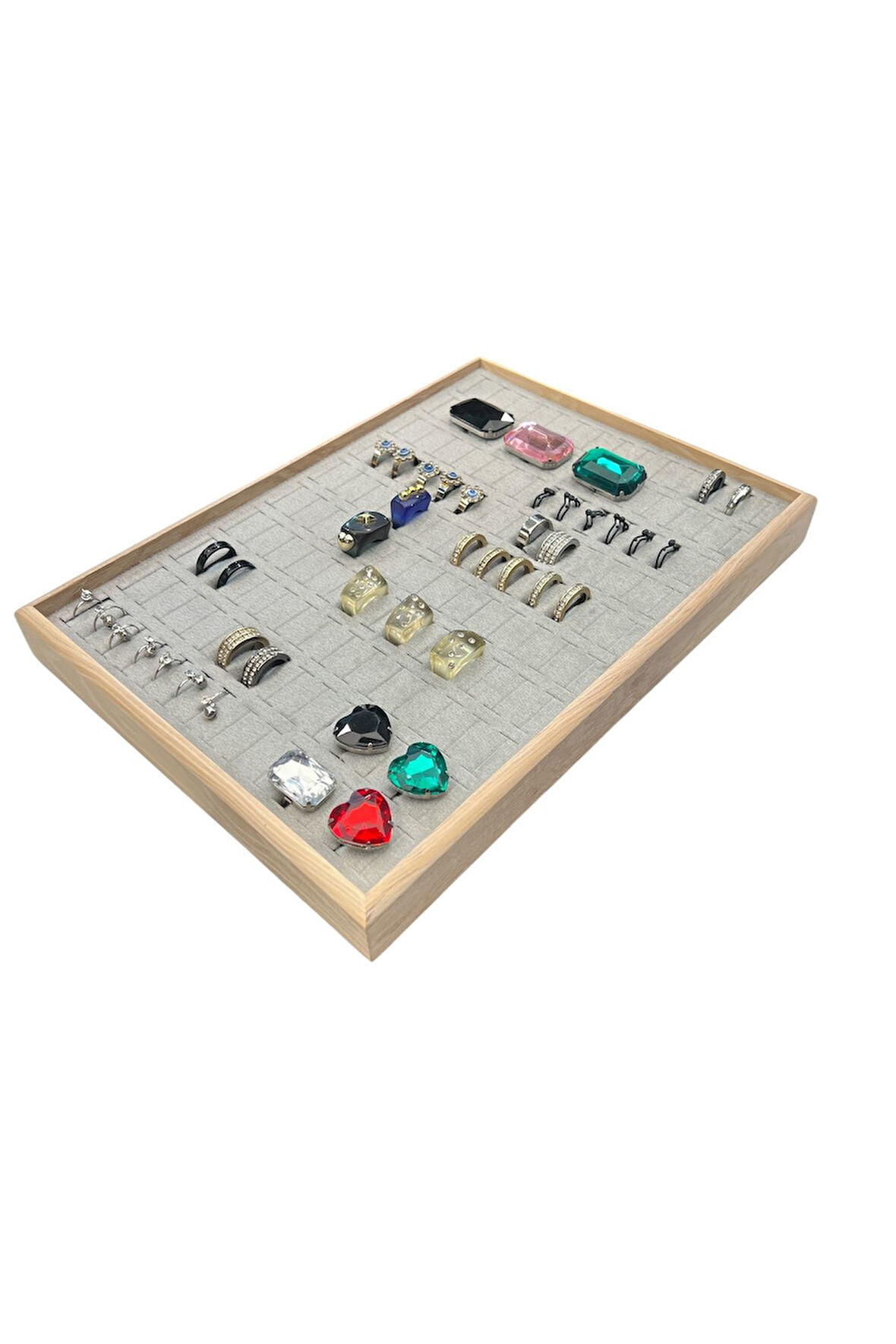 El Yapımı Ahşap Çerçeveli Alcantara Kaplama Yüzük Takı Teşhir Tablasi (34,5x24,5x3,5cm) Ahşap Gri