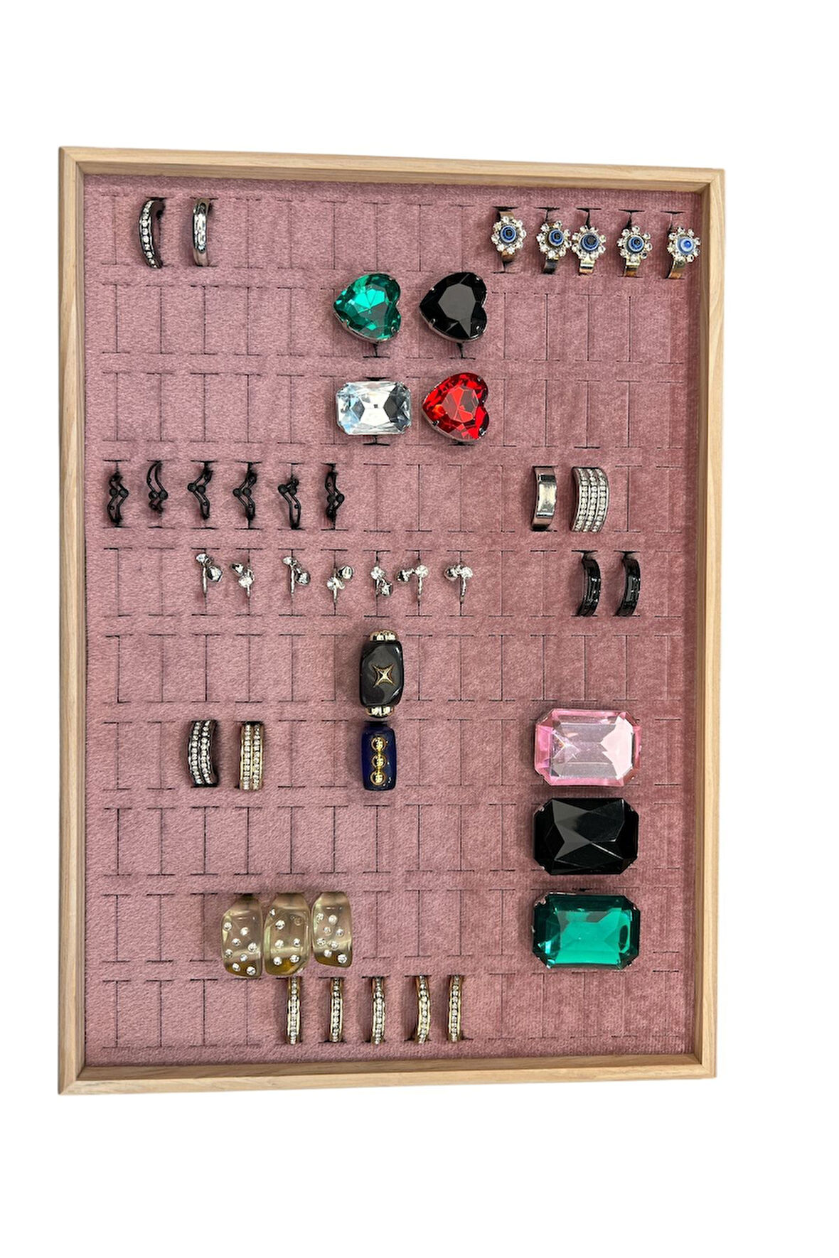 El Yapımı Ahşap Çerçeveli Alcantara Kaplama Yüzük Takı Teşhir Tablasi (34,5x24,5x3,5cm) Ahşap Pembe