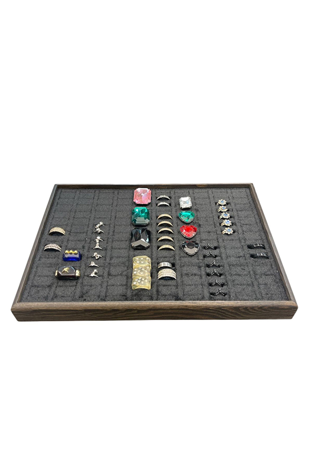 El Yapımı Ahşap Çerçeveli Alcantara Kaplama Yüzük Takı Teşhir Tablasi (34,5x24,5x3,5cm) Ahşap Siyah