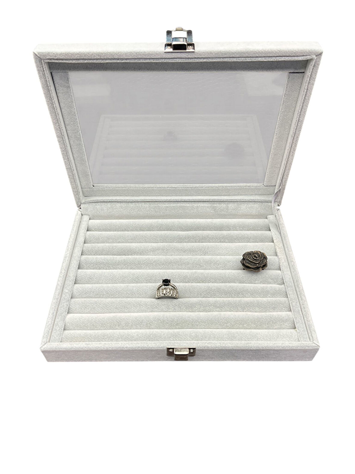 Cam Kapaklı Çok Bölmeli Yüzük Organizer Kutusu- Alcantara Gri