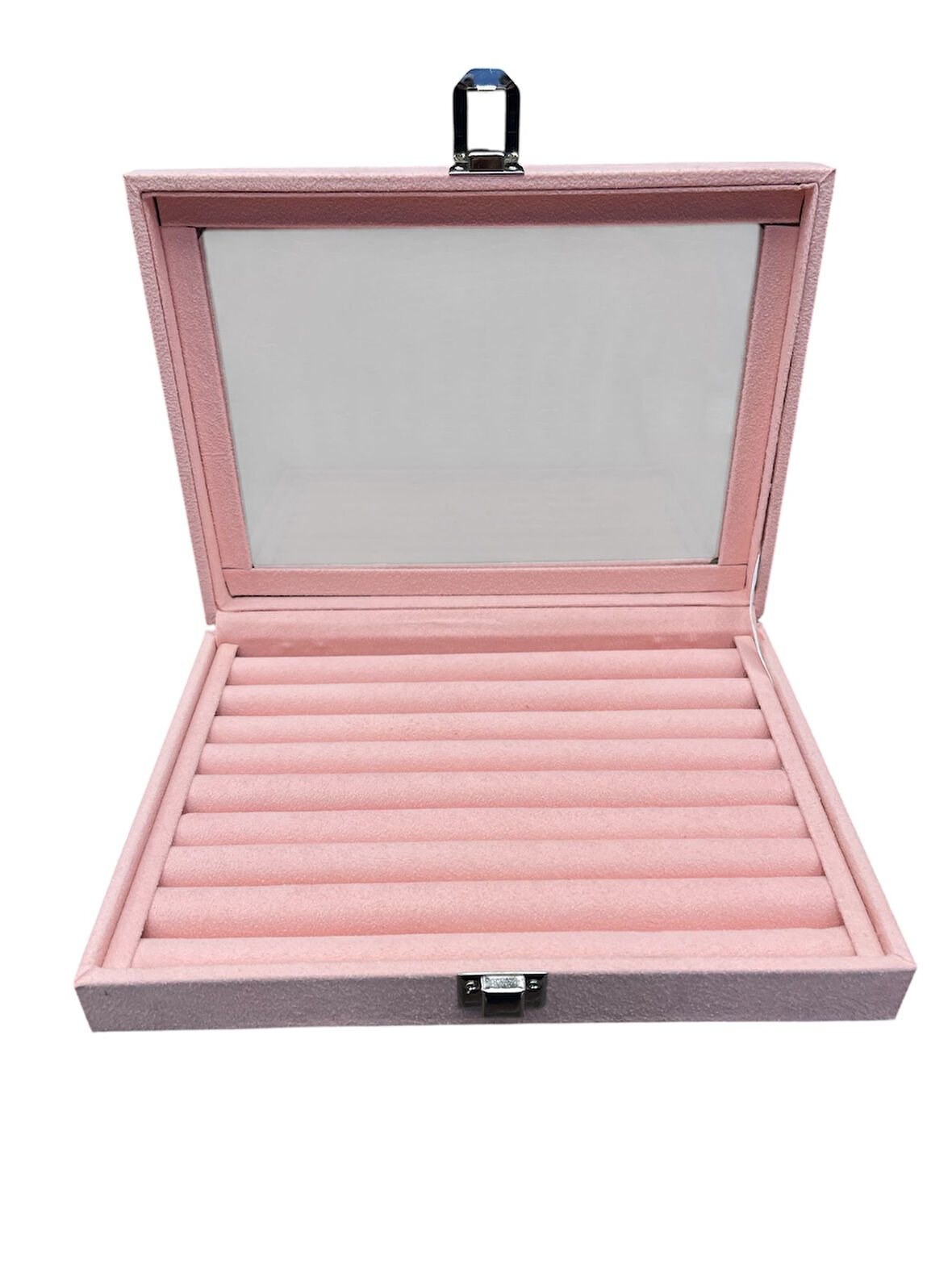 Cam Kapaklı Çok Bölmeli Sosis Model Takı Kutusu -Toz Pembe