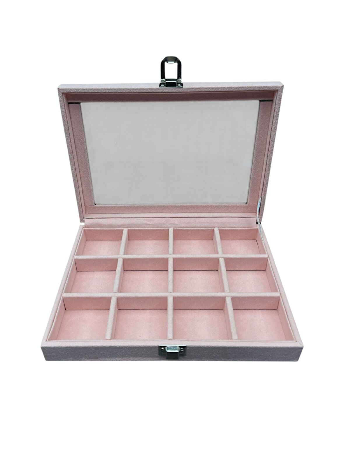 Cam Kapaklı Çok Bölmeli Takı Kutusu -Toz Pembe