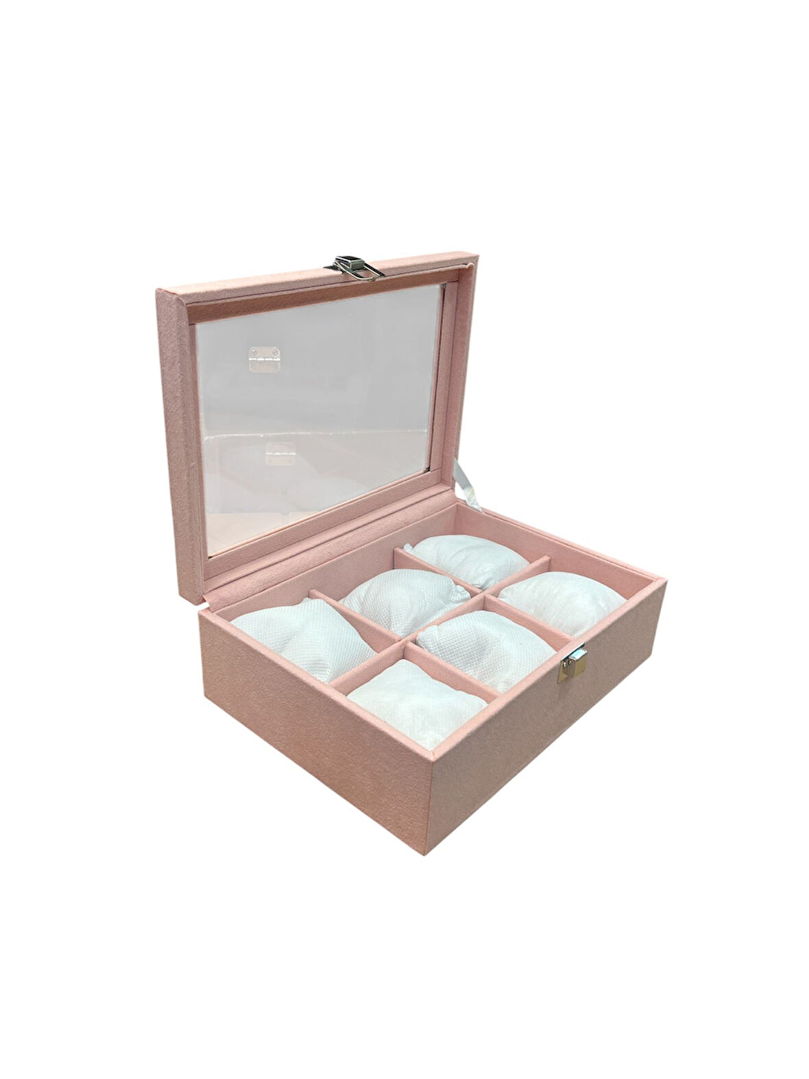Cam Kapaklı 6 Bölmeli Saat Kutusu – Suni Deri, 24x18x8 cm, Alcantara Pembe