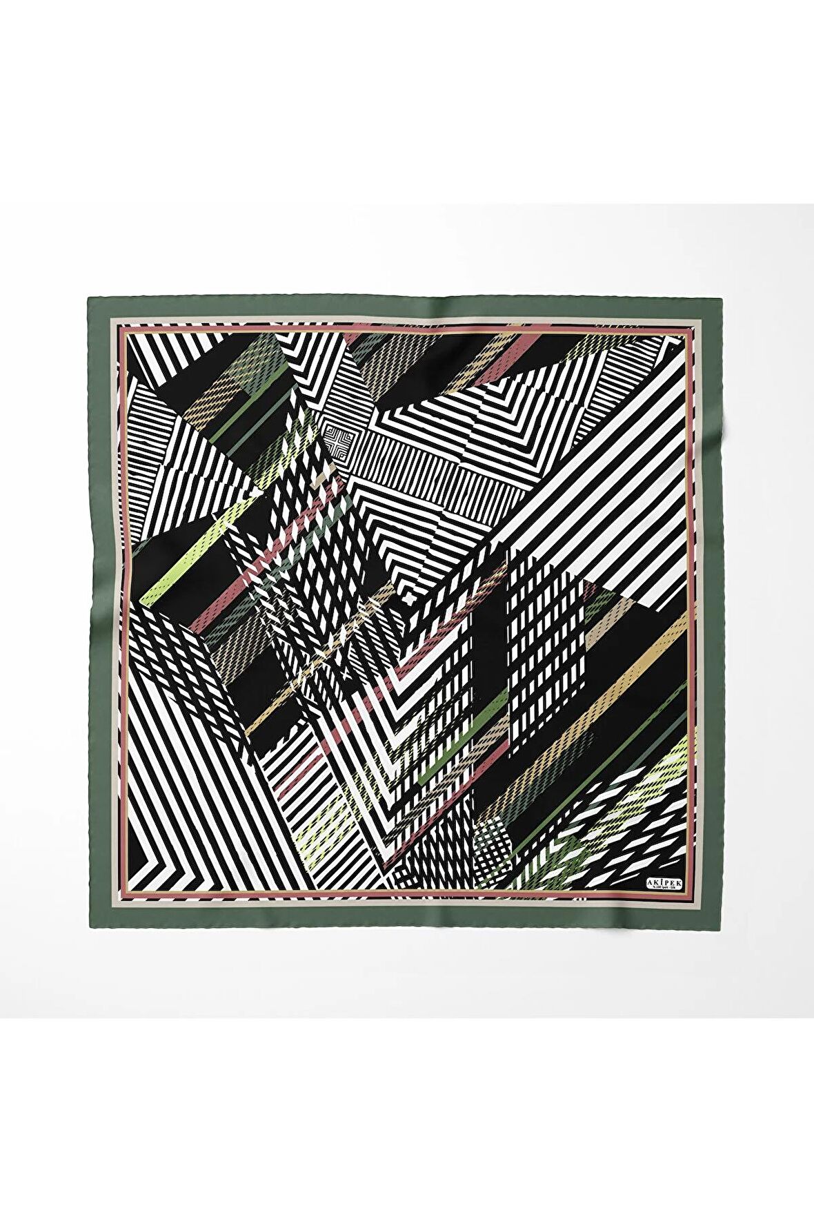 Akipek - İpek Twill Eşarp - Çarpaz Çizgili Geometrik Desen