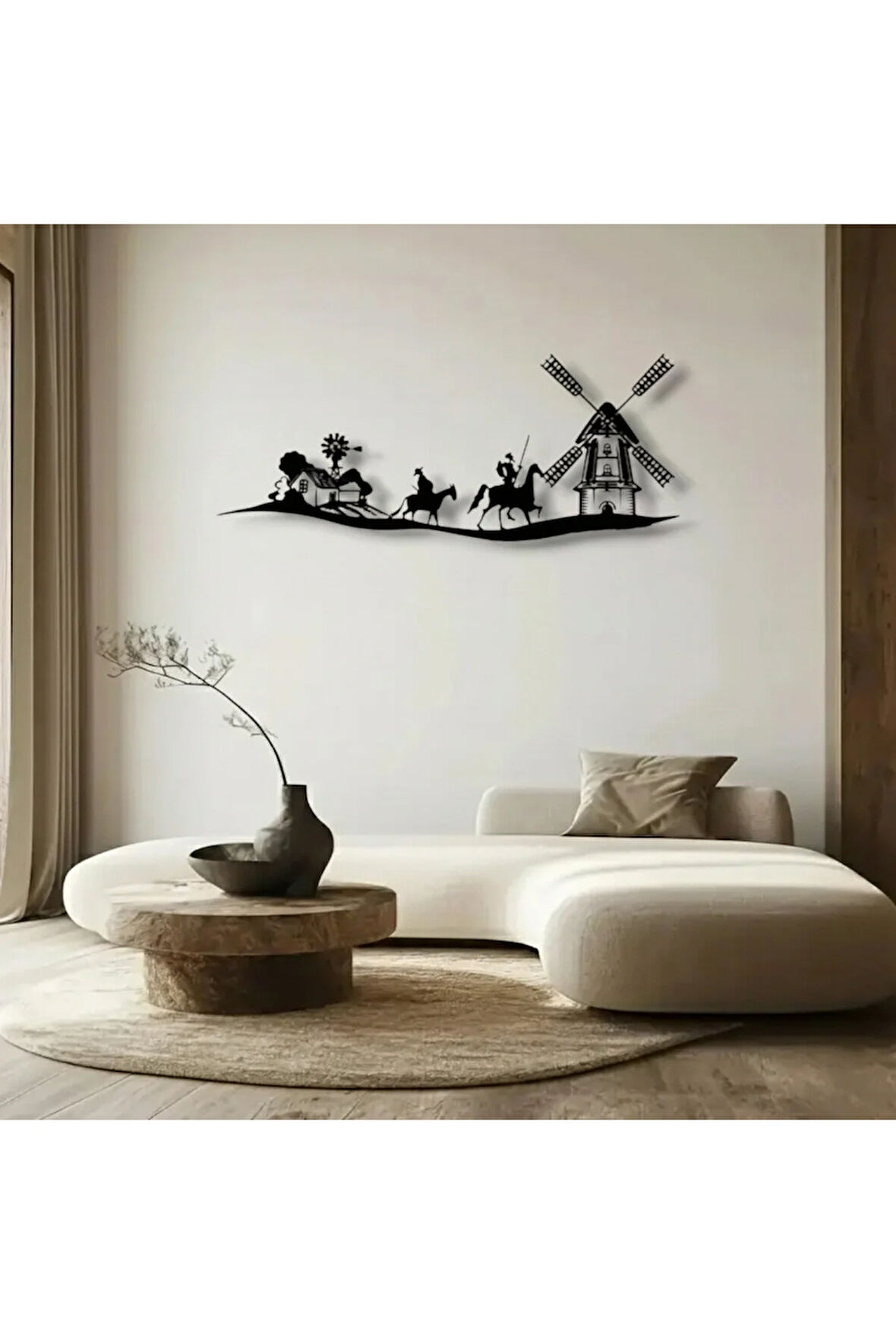 Don Kişot Metal Duvar Dekoru – Atlı Savaşçı ve Değirmen Temalı Sanat Tablosu