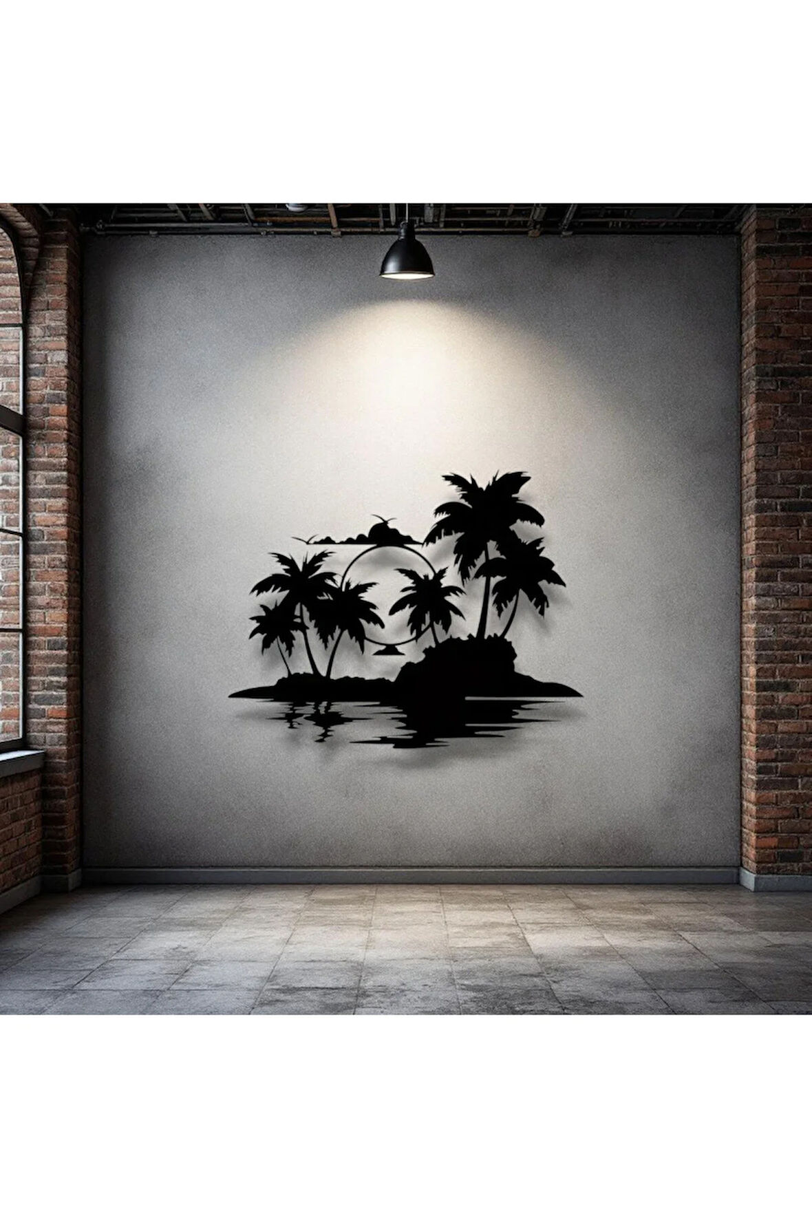 Tropikal Ada ve Gün Batımı Metal Duvar Dekoru – Modern Minimalist Sanat Tasarımı