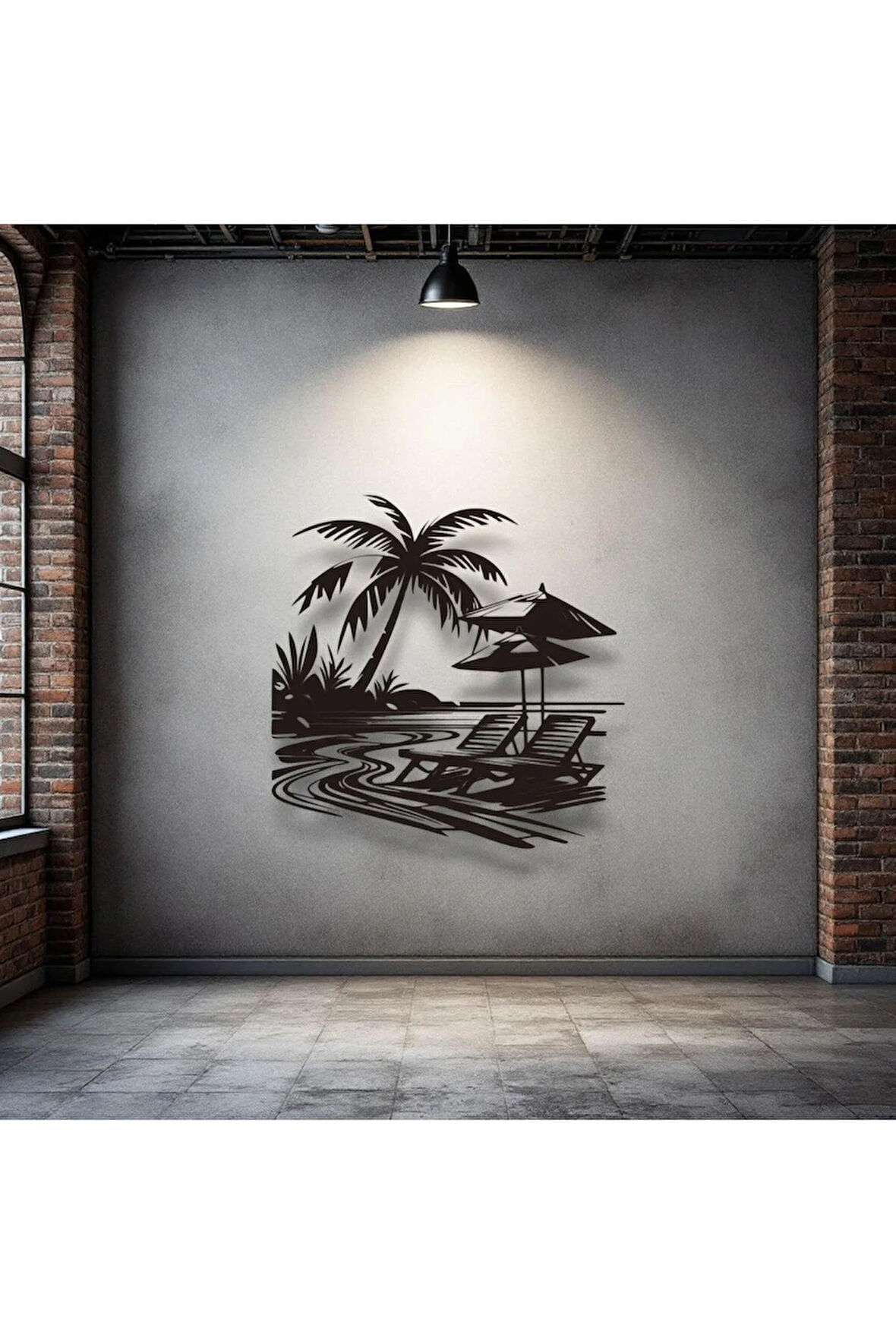 Tropikal Sahil ve Şezlong Metal Duvar Dekoru – Modern Minimalist Yaz Tasarımı