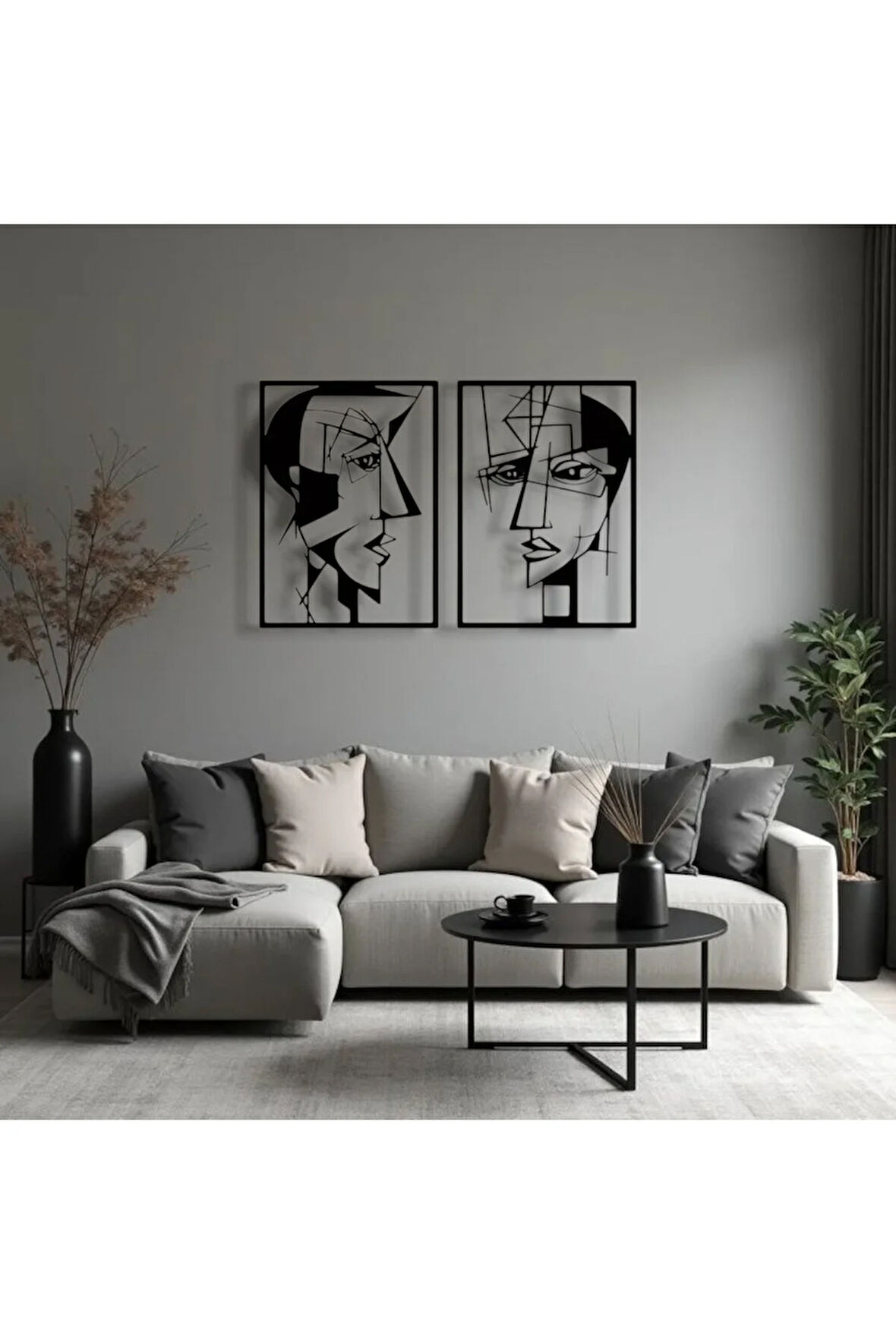 Metal Yüz Figürü Duvar Dekoru 2’li Set – Modern Soyut Sanat Ev Aksesuarı