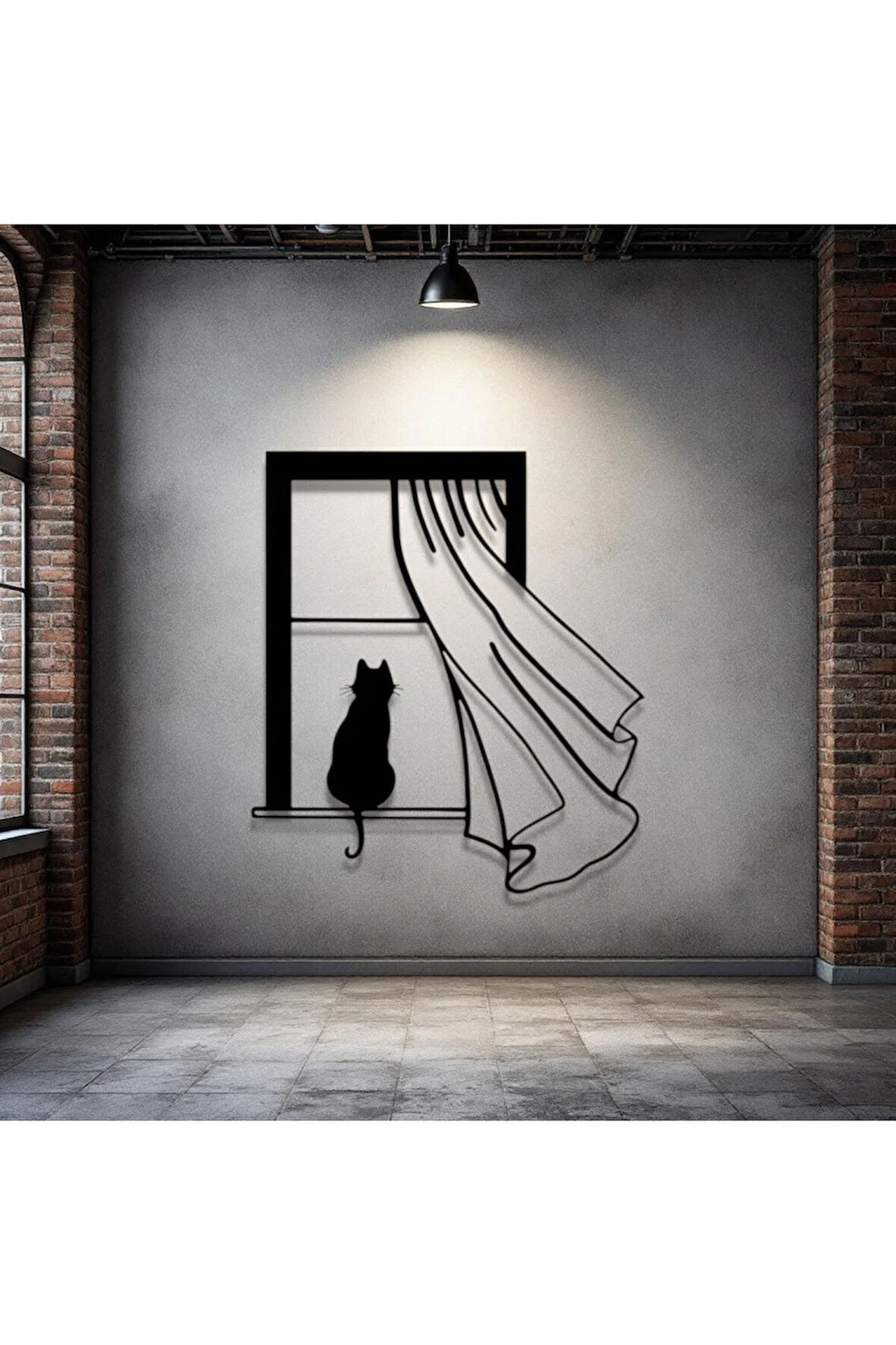Kedi Figürlü Pencere Metal Tablo – 3D Gölgeli Modern Duvar Dekoru, Ev ve Ofis Hediyesi