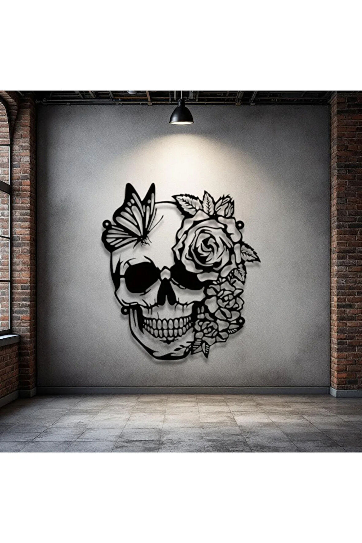 Kelebek ve Gül Desenli Kafatası Metal Tablo – 3D Gölgeli Modern Duvar Dekoru, Özel Hediye