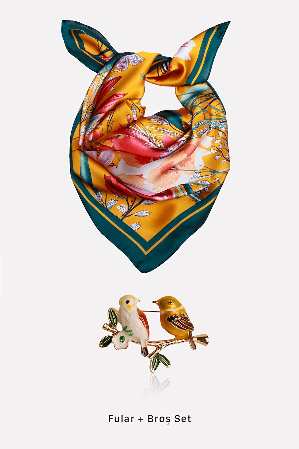 Çiçek Desenli Fular ve Kuşlar Broş Seti