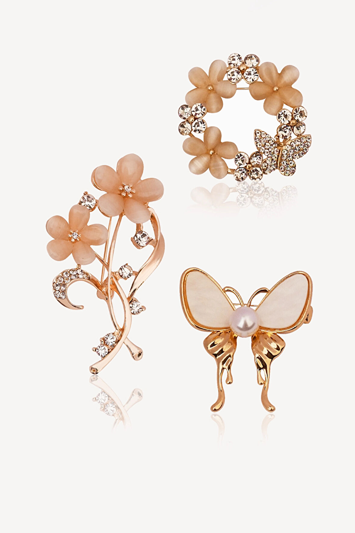 Kelebek ve Çiçekli Üçlü Broş Seti