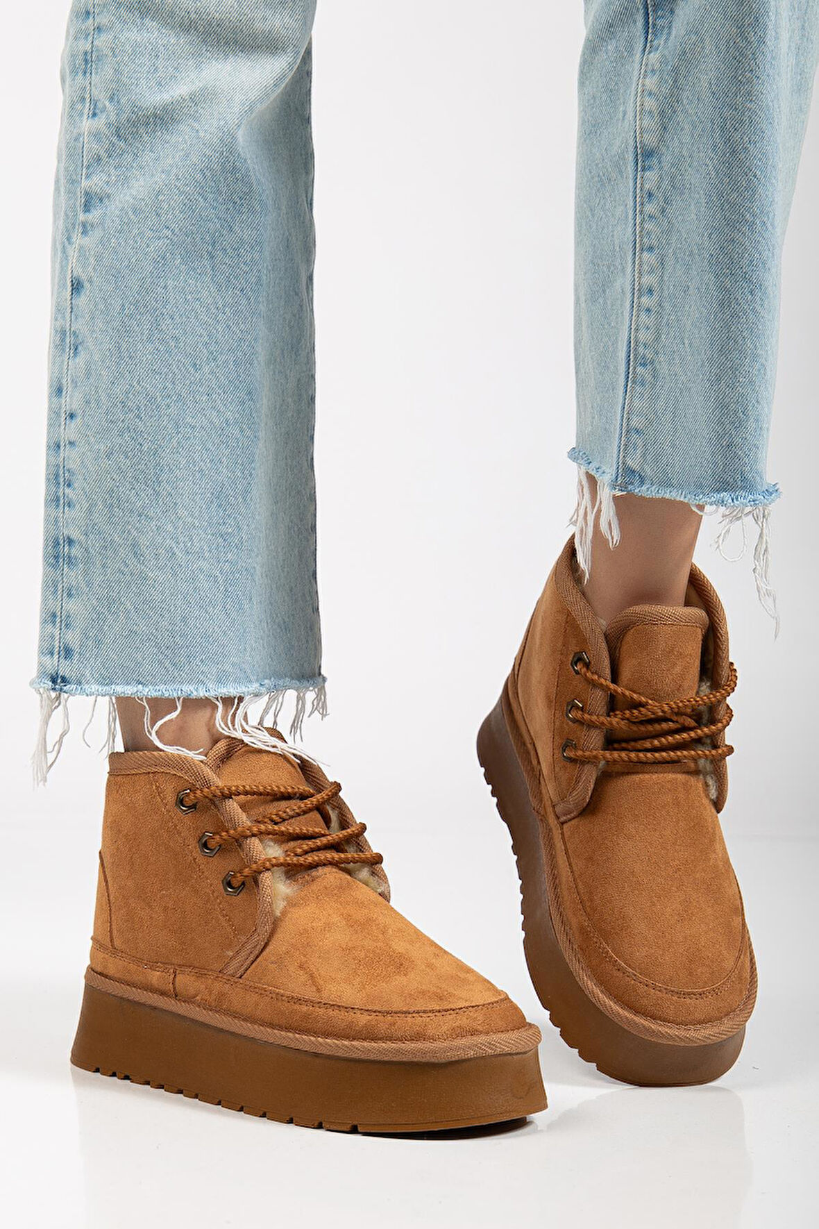 Suins Stein Model İçi Komple Kürklü Bağcıklı Siyah Taba Ten Kadın Bot