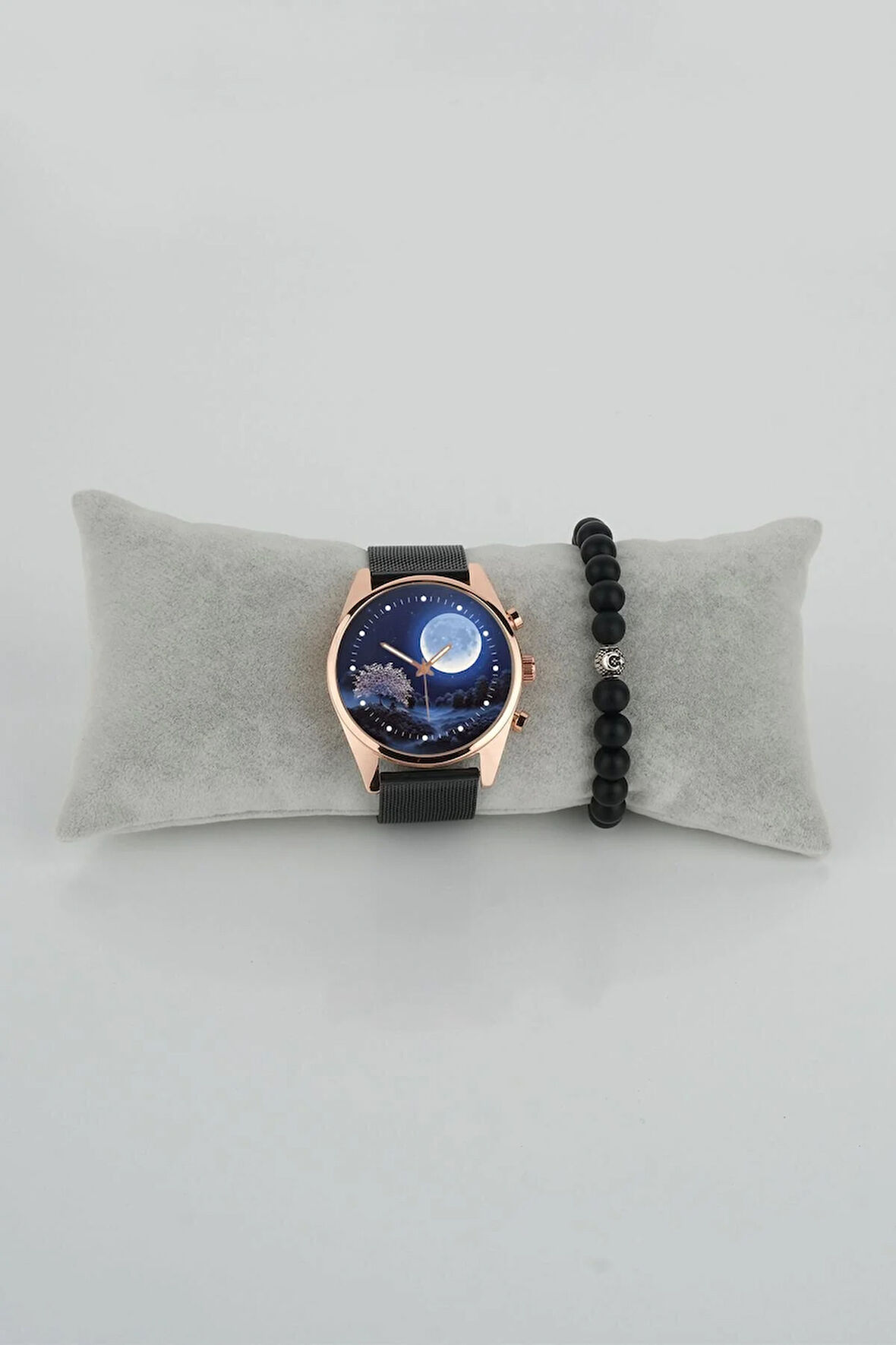 Mavi Dolunay Manzara Tasarım Nokta Kadran Erkek Kol Saati Bileklik Hediye