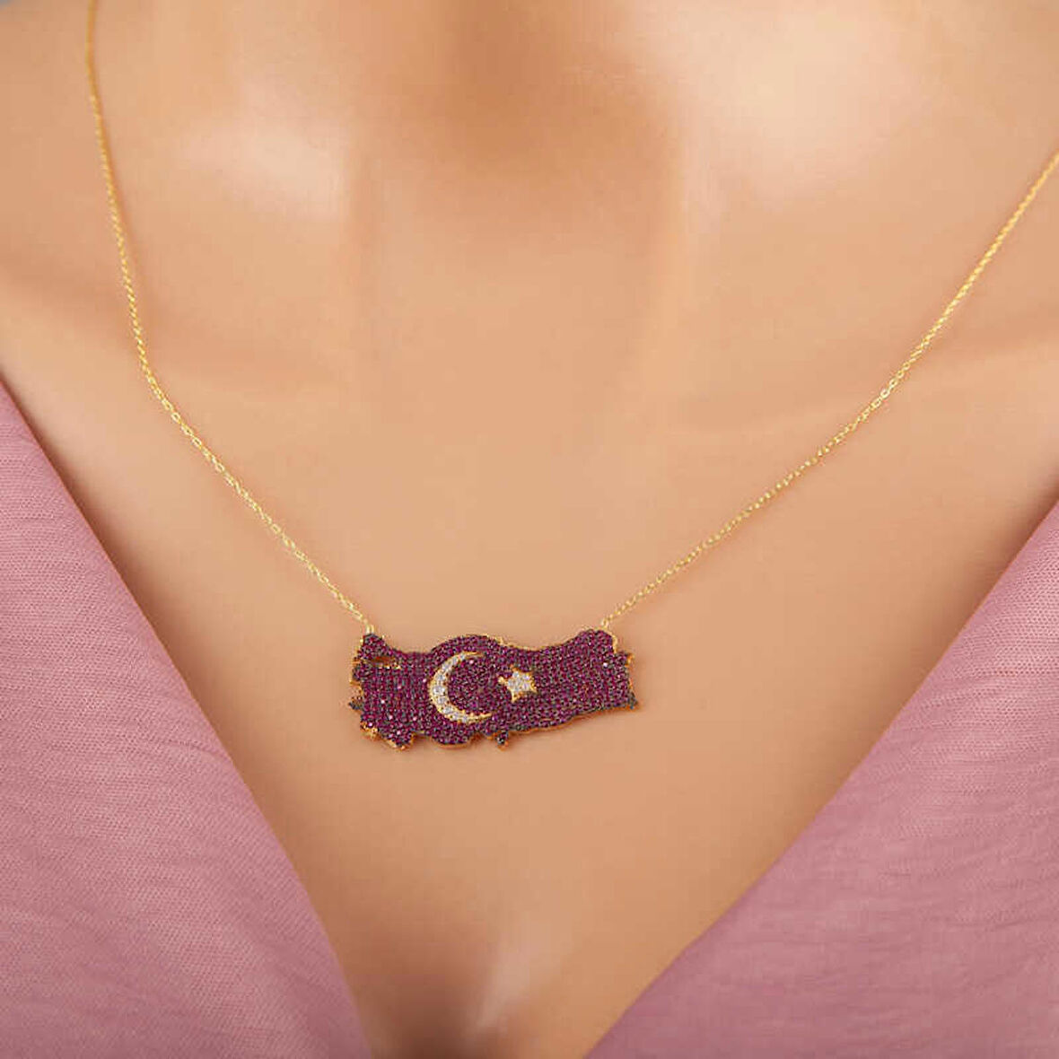 STİLLOVE Gümüş Gold Ay Yıldız Türkiye Haritası Kadın Kolye