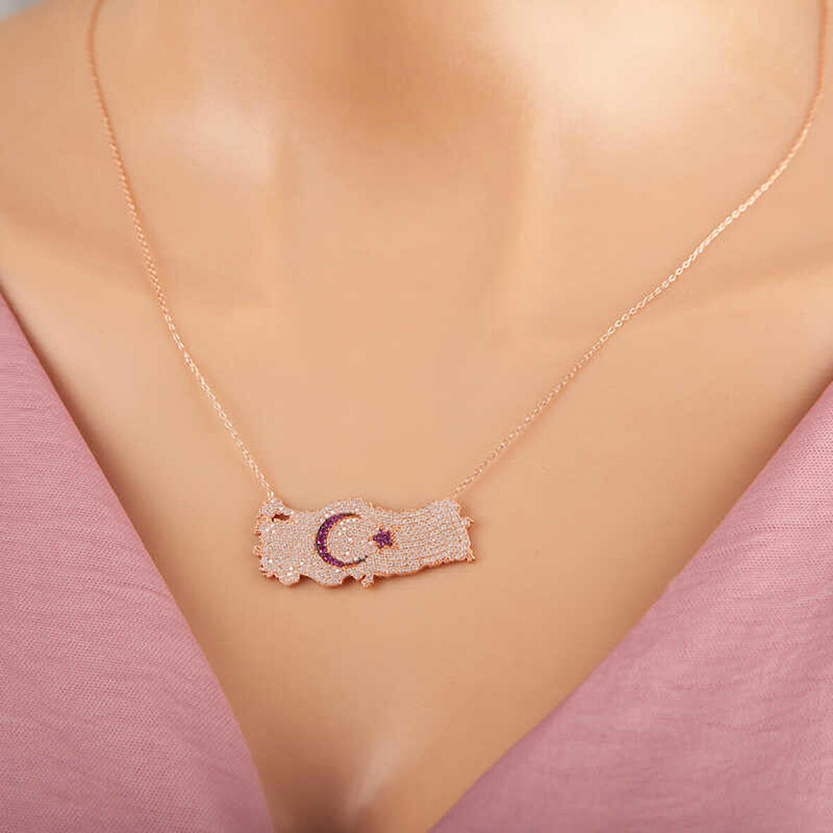 STİLLOVE Gümüş Rose Ay Yıldız Türkiye Haritası Kadın Kolye