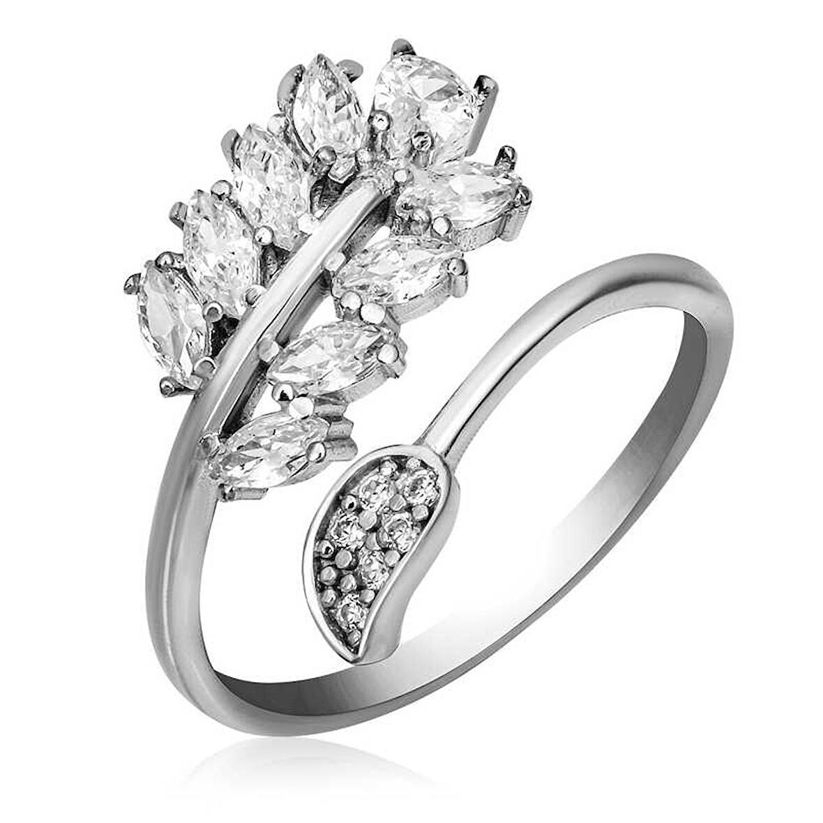 STİLLOVE Gümüş Ayarlanabilir Beyaz Taşlı Yaprak Kadın Yüzük