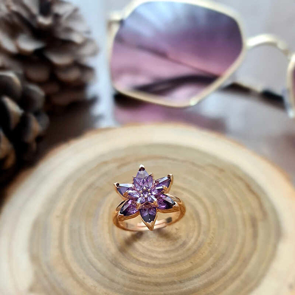 STİLLOVE Gümüş Rose Mor Lotus Çiçeği Yüzük